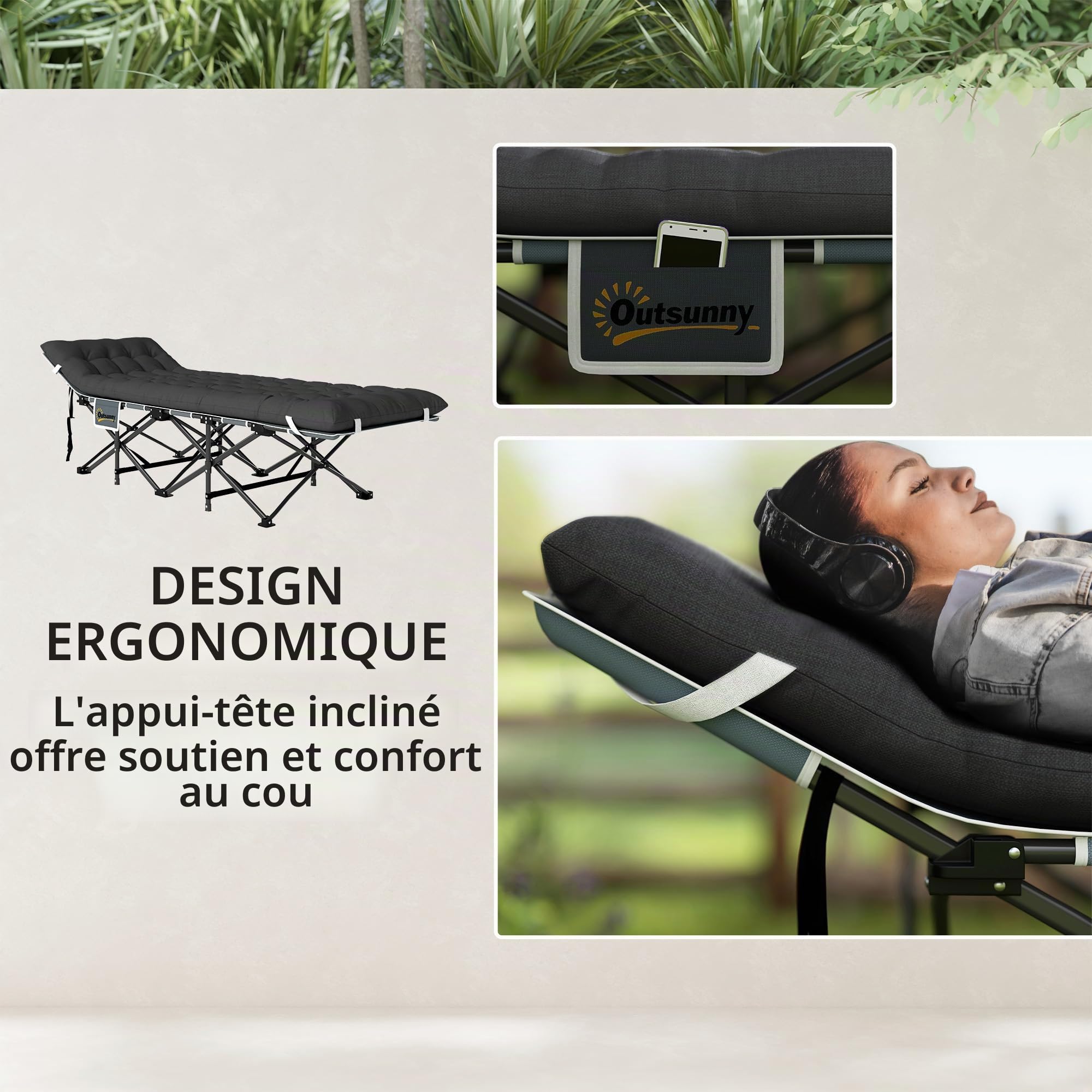 Outsunny Lit de Camping Pliant avec Matelas, lit de Camp Pliable 1 Personne Robuste et Portable avec Pieds antidérapants et Sac de Transport pour Jardin, Voyage, pêche, Noir