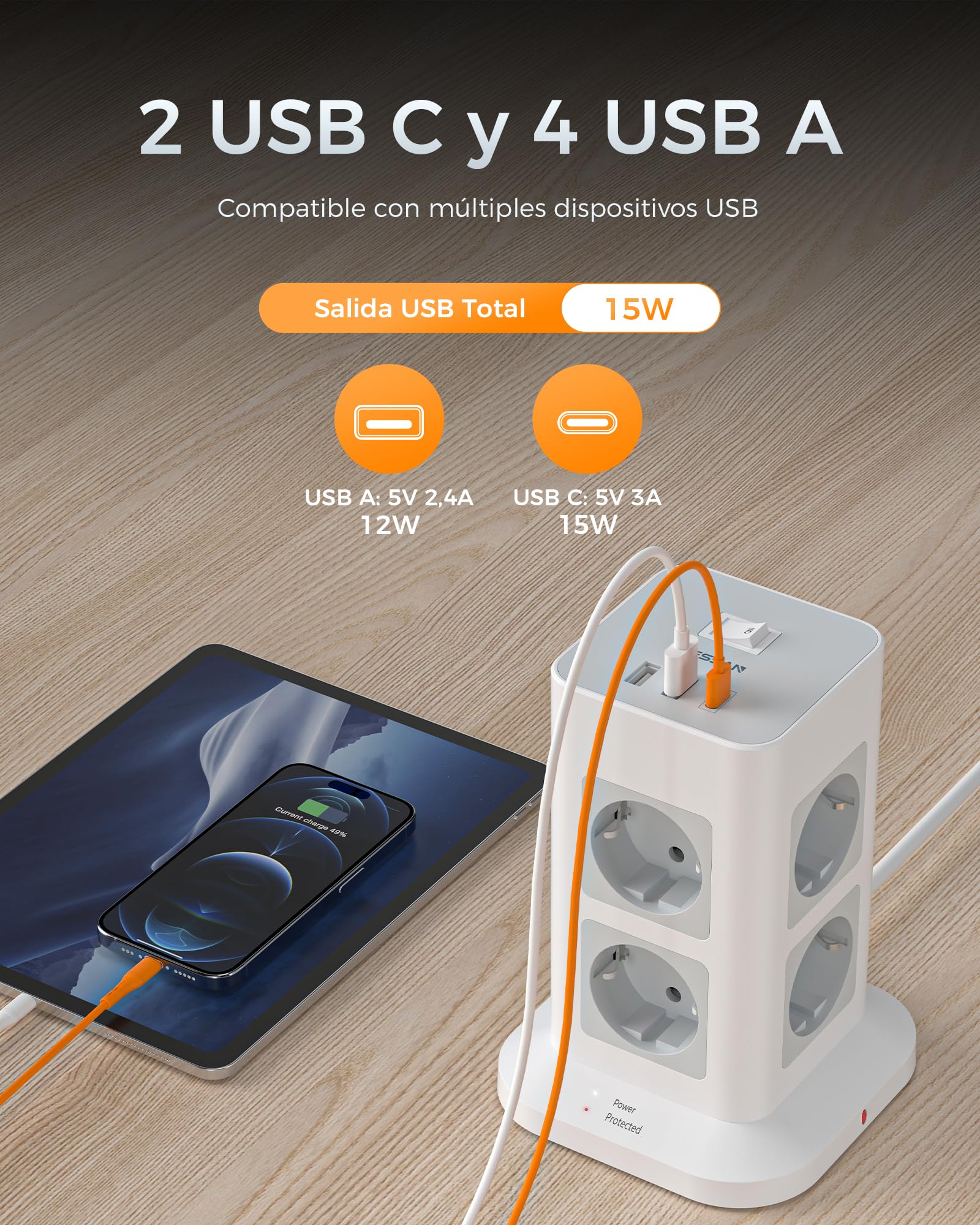 TESSAN Ciabatta Multipresa con USB 15W, Ciabatta Elettrica con 8 Prese, Torretta Multipresa Protezione Sovratensione con Interruttore e Prolunga Elettrica 10 Metri, 3600W Presa Multipla, Girgio