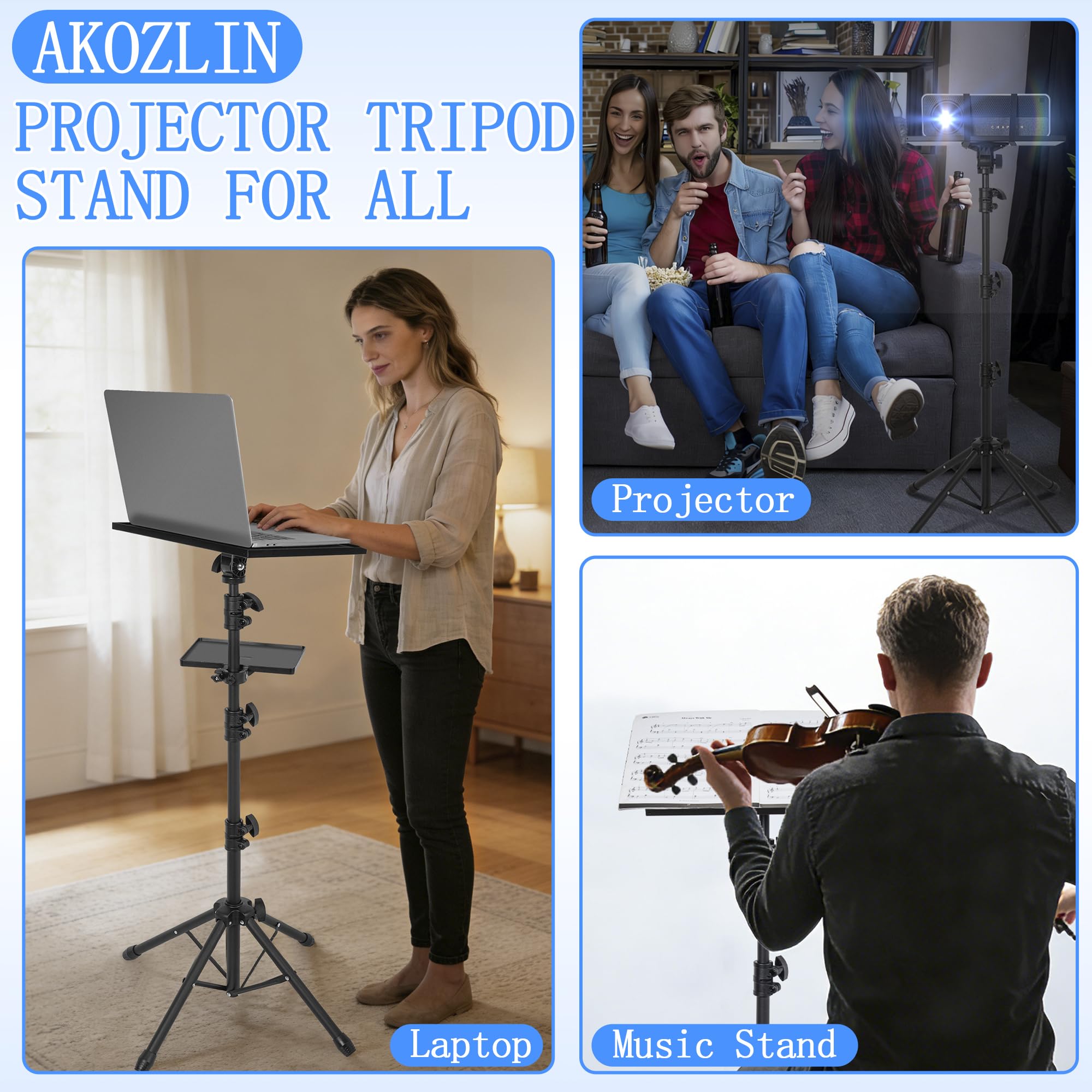 AKOZLIN Support de projecteur portable réglable en hauteur (65-130 cm) | 2 étagères, 4 pieds, rotation à 180°, pour projecteurs et équipements DJ