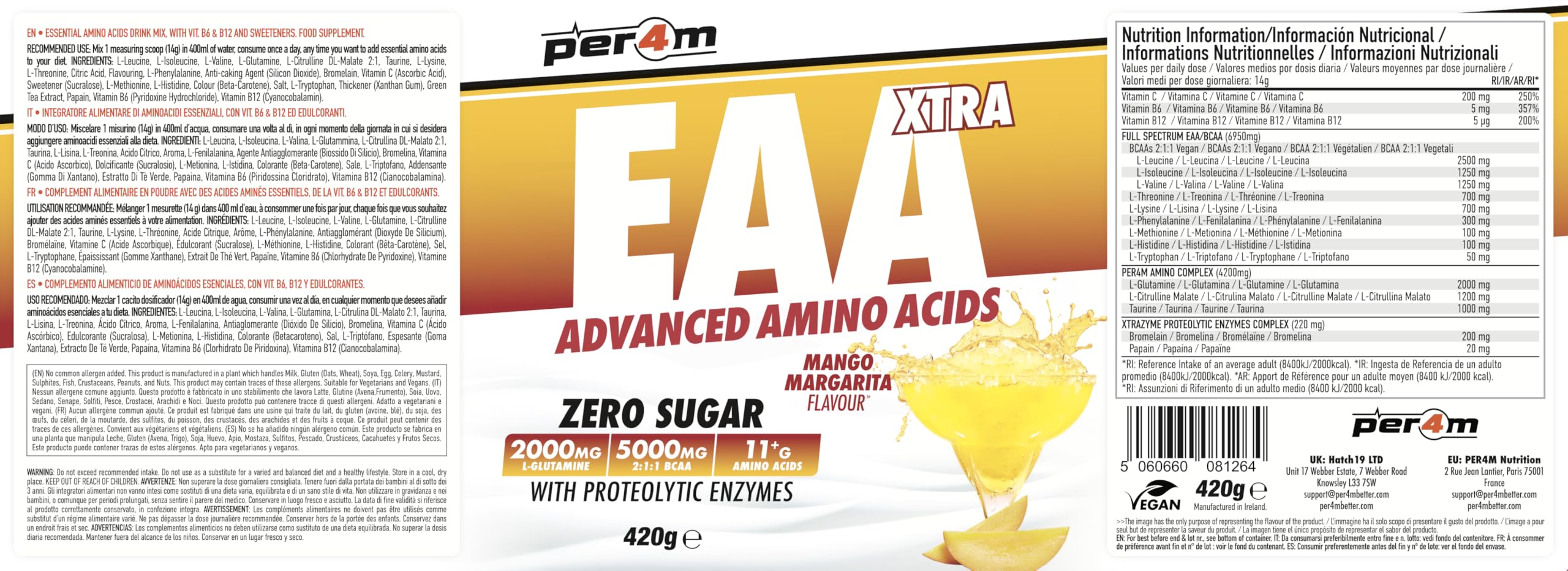 Per4m Amino Xtra, Aminoacidi Essenziali con Elettroliti, Favorisce il Recupero Muscolare, Formula Ipocalorica per i Muscoli, Integratore Intra-Workout per Sportivi Avanzati – Mango Margarita – 420g
