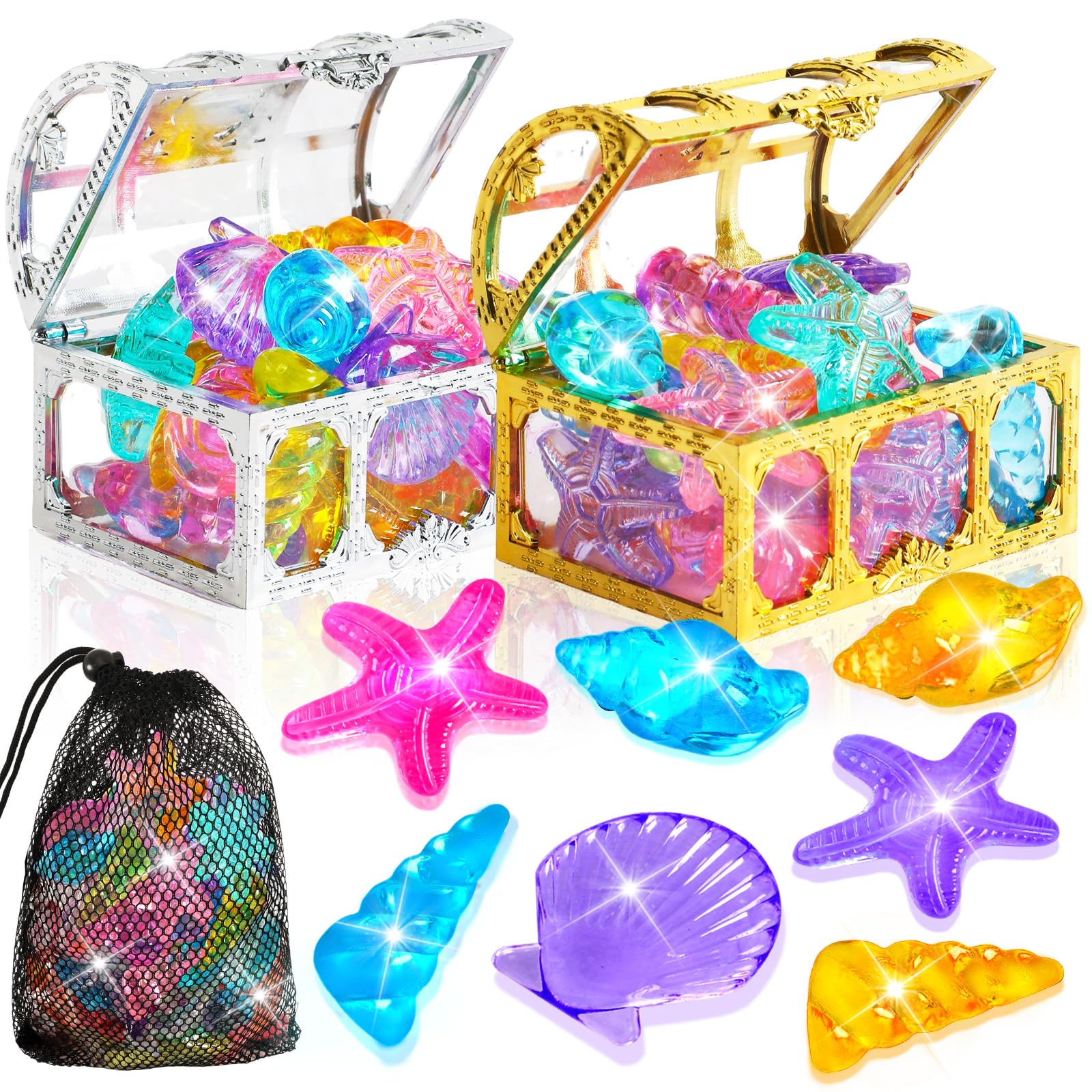 MARFOREVER 38 Pcs Diving Gems Pool Toys, Colorful Diamond Dive Gems Assorted Gemstones with 2 Pirate Treasure Chest Boxes and Storage Bag for Boys Girls Swimming Training Gift Beach Underwater Toys