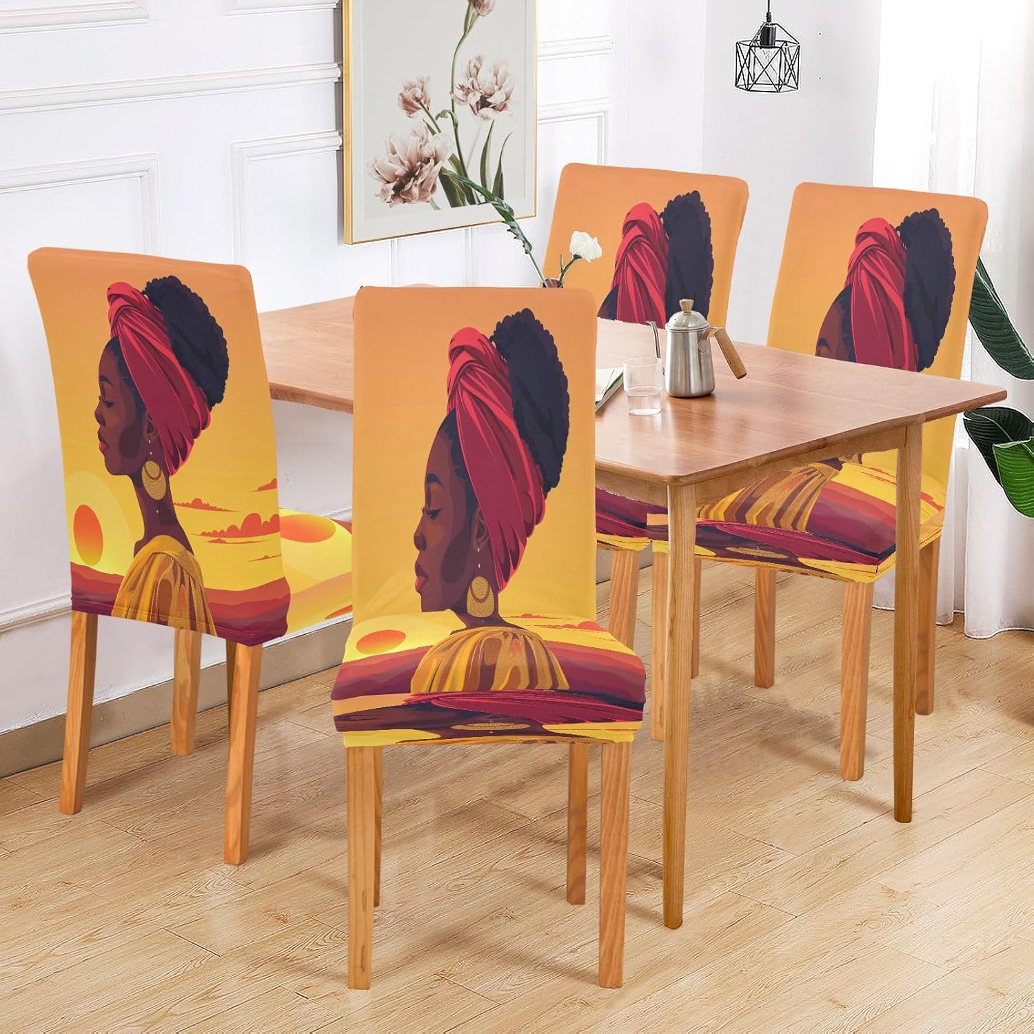 ALAZA Dining Room Chair Covers, Beautiful African Woman Sunset Stretch Chair Slipcovers Protector Removable Washable for Dining Room, Ktichen, Party