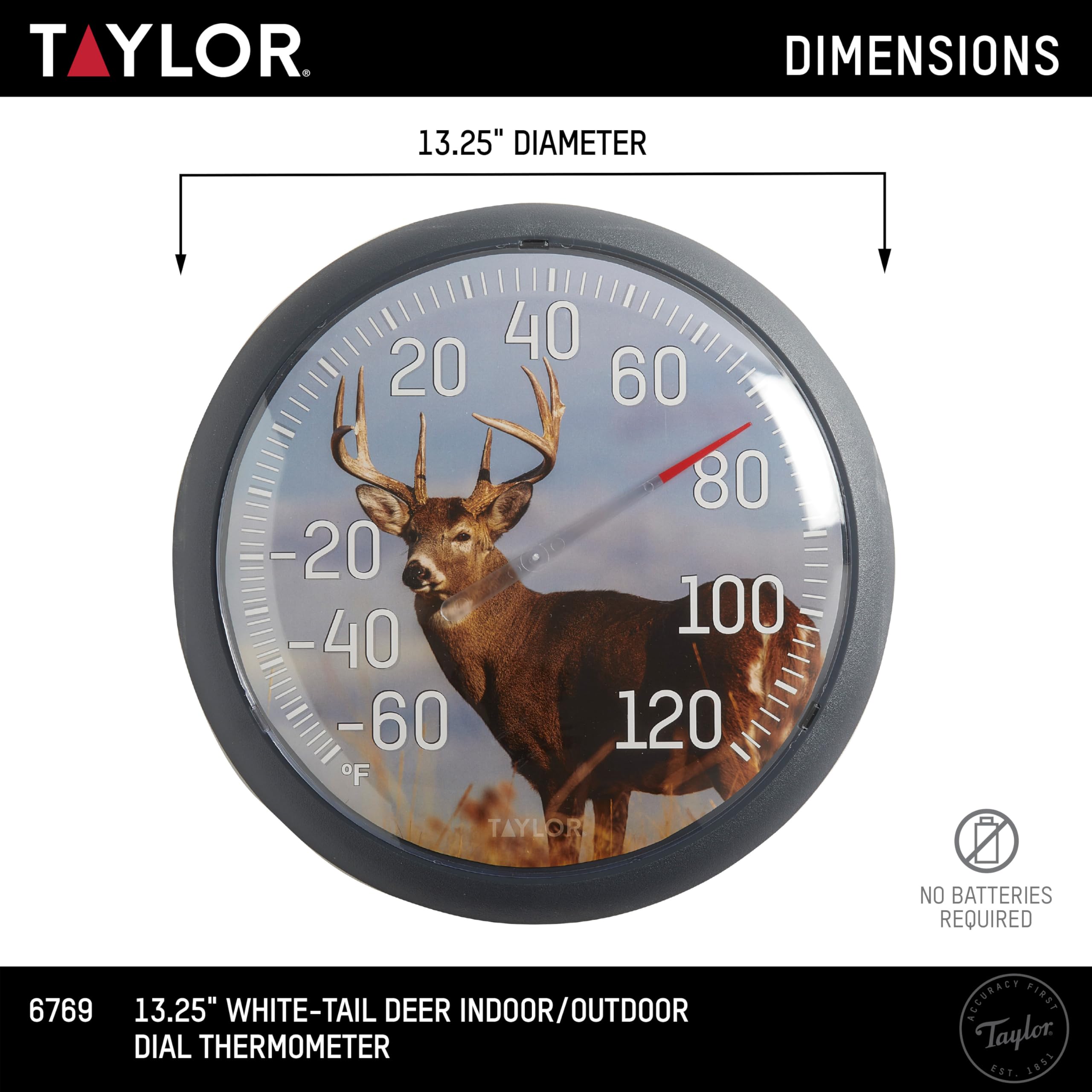 Taylor White Tail Deer - Termometro a quadrante grande per interni ed esterni, termometro wireless con numeri grandi facili da leggere per patio, piscina, giardino o garage e aree interne, 33,7 cm,