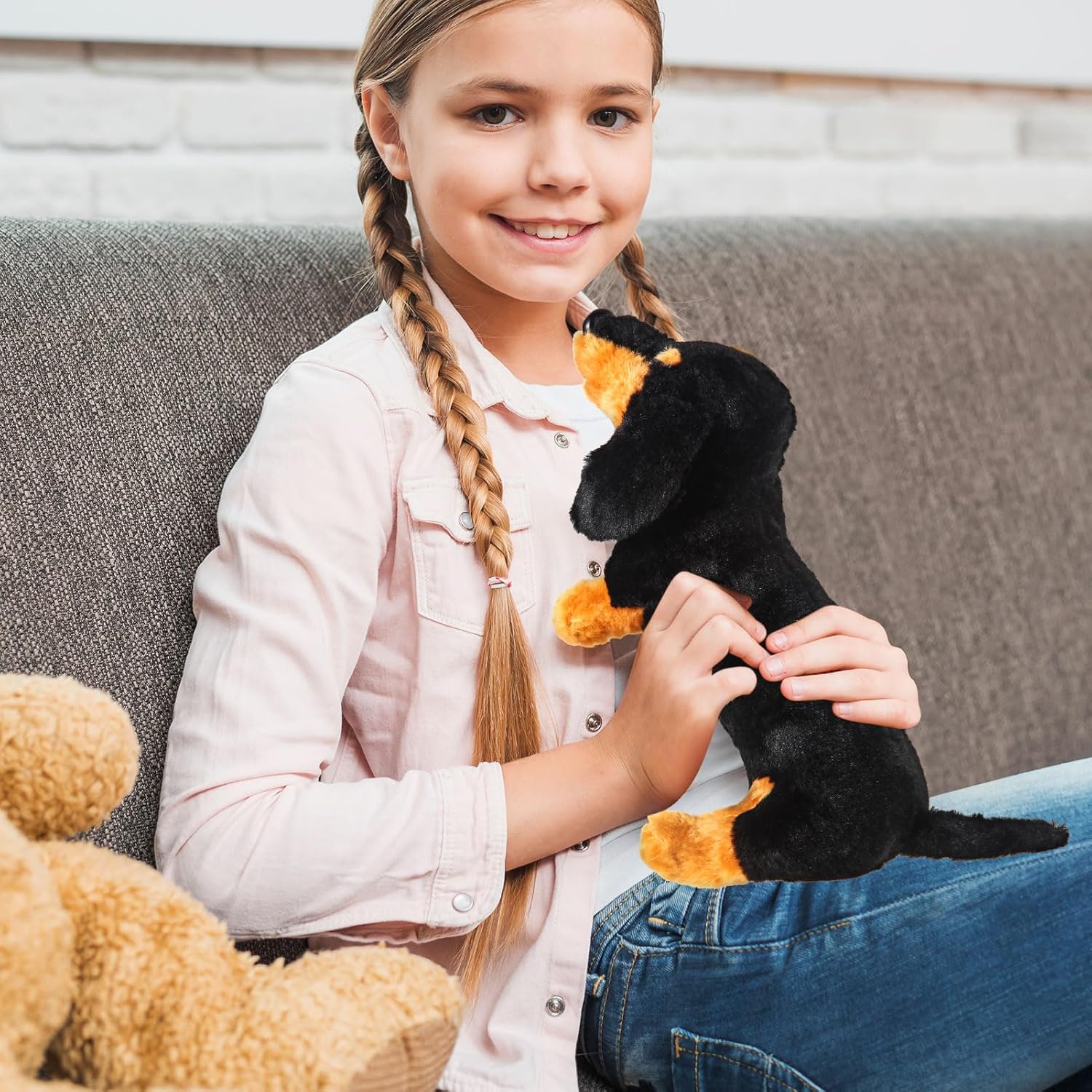 Dachshund Dog Plush Stuffed Animal Sausage Dog Soft 3D Pom Plush for Girls Birthday Xmas Gift Bedtime Rest Chair Bolster Nursery Decoration (Black and Tan) - Image 4