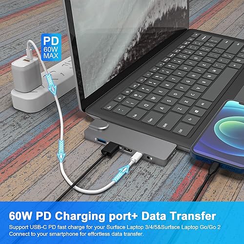 Miniatura 3 de Surface - Estación de acoplamiento para laptop 5portátil 4laptop 3 concentradores, con adaptador HDMI 4K + LAN Gigabit 1000M + USB C 60W PD+2 USB