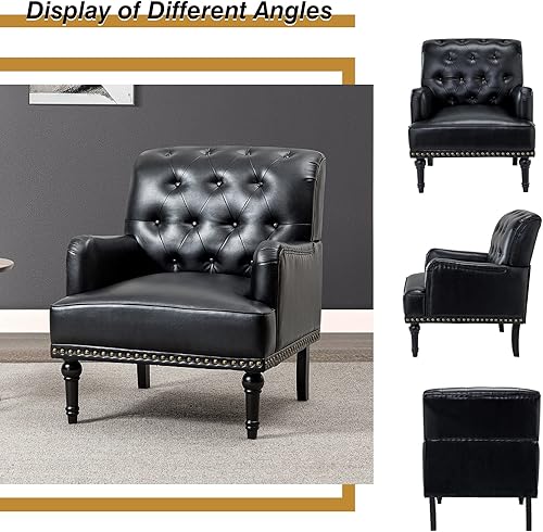 Miniatura 5 de HULALA HOME Silla decorativa de piel sintética con respaldo con botones, cómodo sillón tapizado con ribete de cabeza de clavo y patas de madera