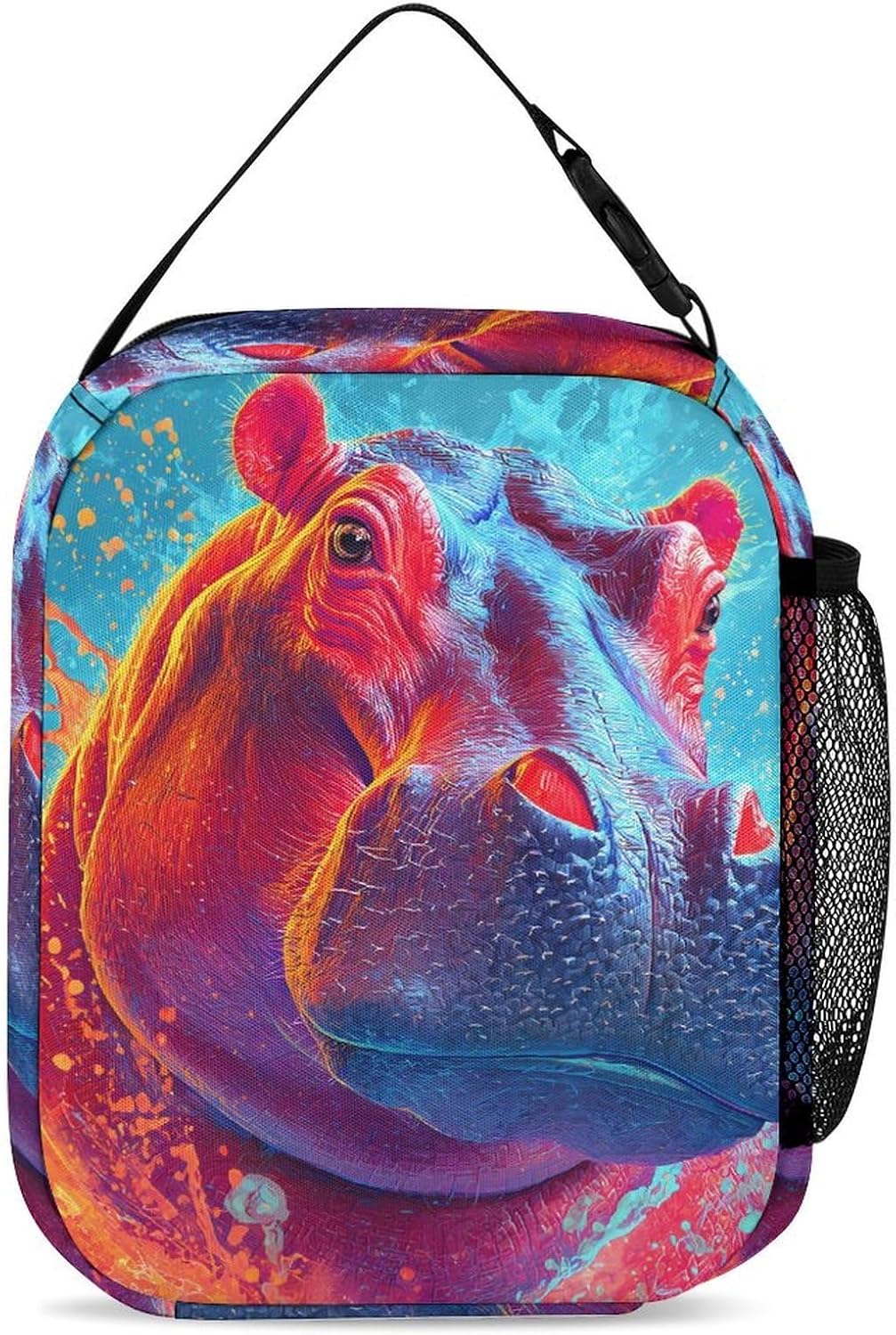 Colorful Hippo Painting Funny Backpack 3 Piece Set Daypack with Lunch Bag And Pencil Case for Outside Activities Travel image 5