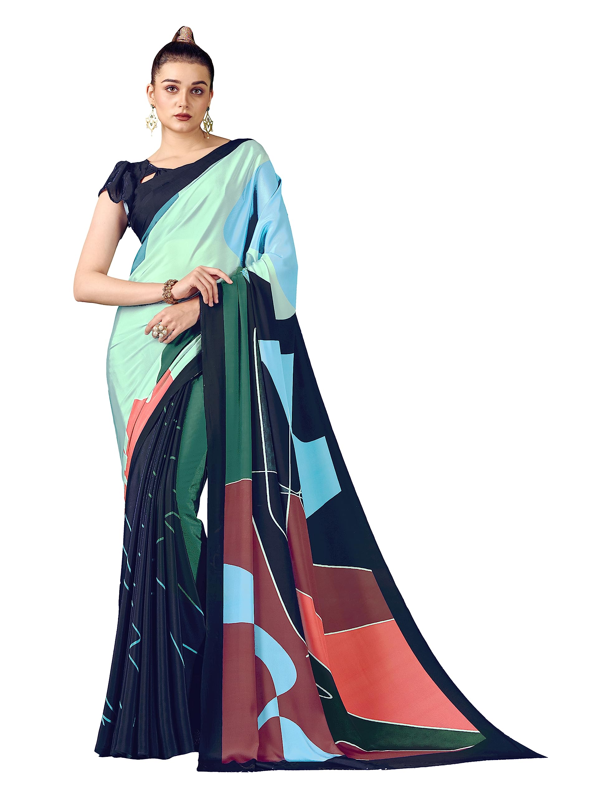 hypnotex Crepe Silk Digital Print Contrast Bordered Saree With Unstitched Blouse Piece. (Jobile-013)
