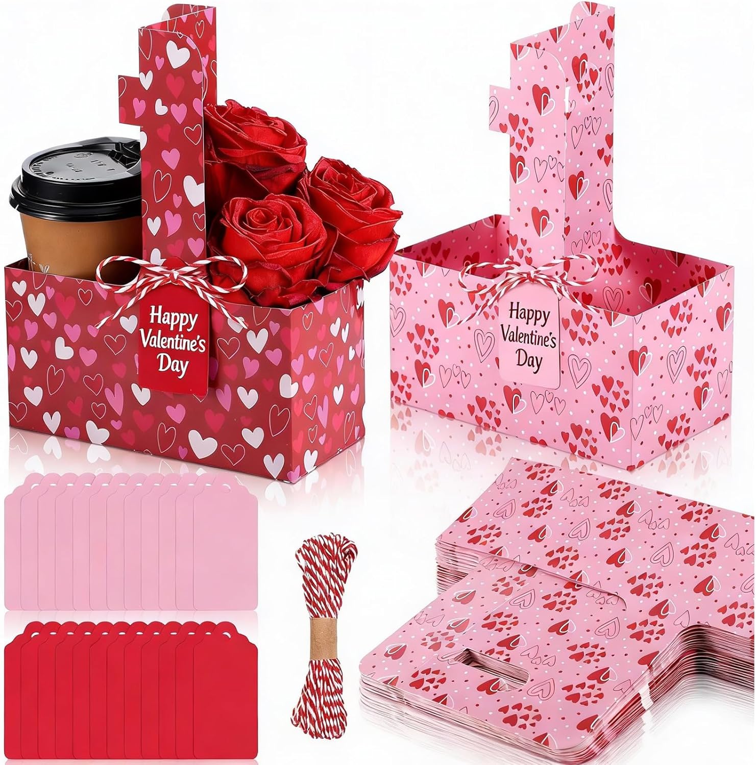 24 Set Valentine's Day 2 Cup Drink Carrier with Handle - Red Pink Heart Coffee Cup Holders Floral Gift Bags with Card and Rope for Valentine's Party Gift