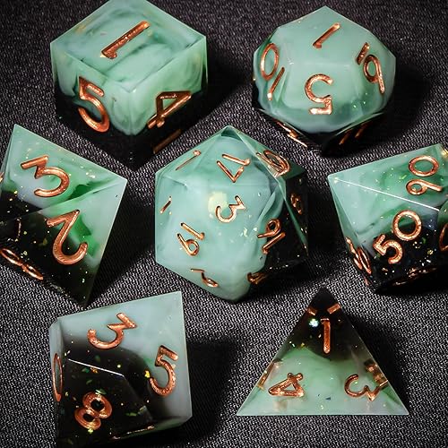 OUKELANWO Dados de Calabozos y Dragones con caja de regalo, 7 piezas de dados DND de resina de borde afilado D&D, dados poliédricos RPG D y D para