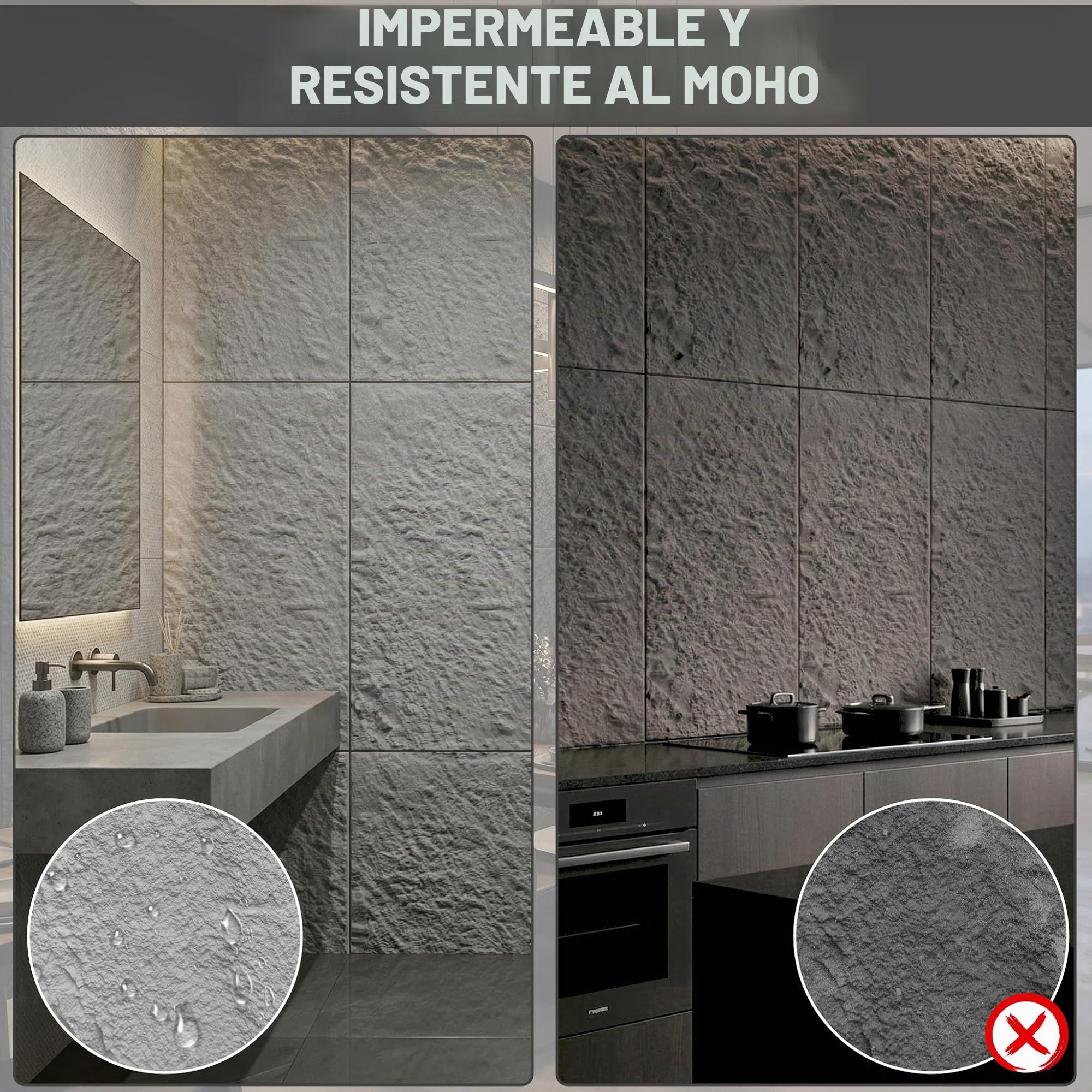 YRHome Paneles de pared 3D de poliuretano, aspecto de piedra, 120 x 60 cm, antracita, 2 unidades (1,44 m²), 3 cm de grosor, resistentes al moho y fáciles de limpiar, para cocina y salón