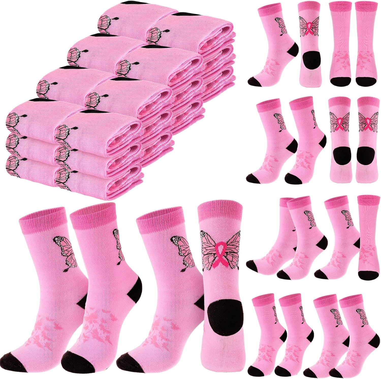 Glitopper 24 Pairs Breast Cancer Awareness Socks Bulk Pink out Athletic Socks for Women Youth Football Volleyball Sport Team