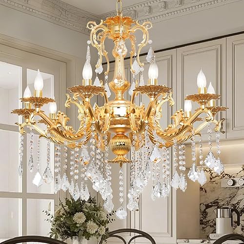Miniatura 14 de Candelabro vintage de 12 luces, contemporáneo, elegante, K9, cristal dorado, candelabros colgantes, lámpara de techo de 34 pulgadas