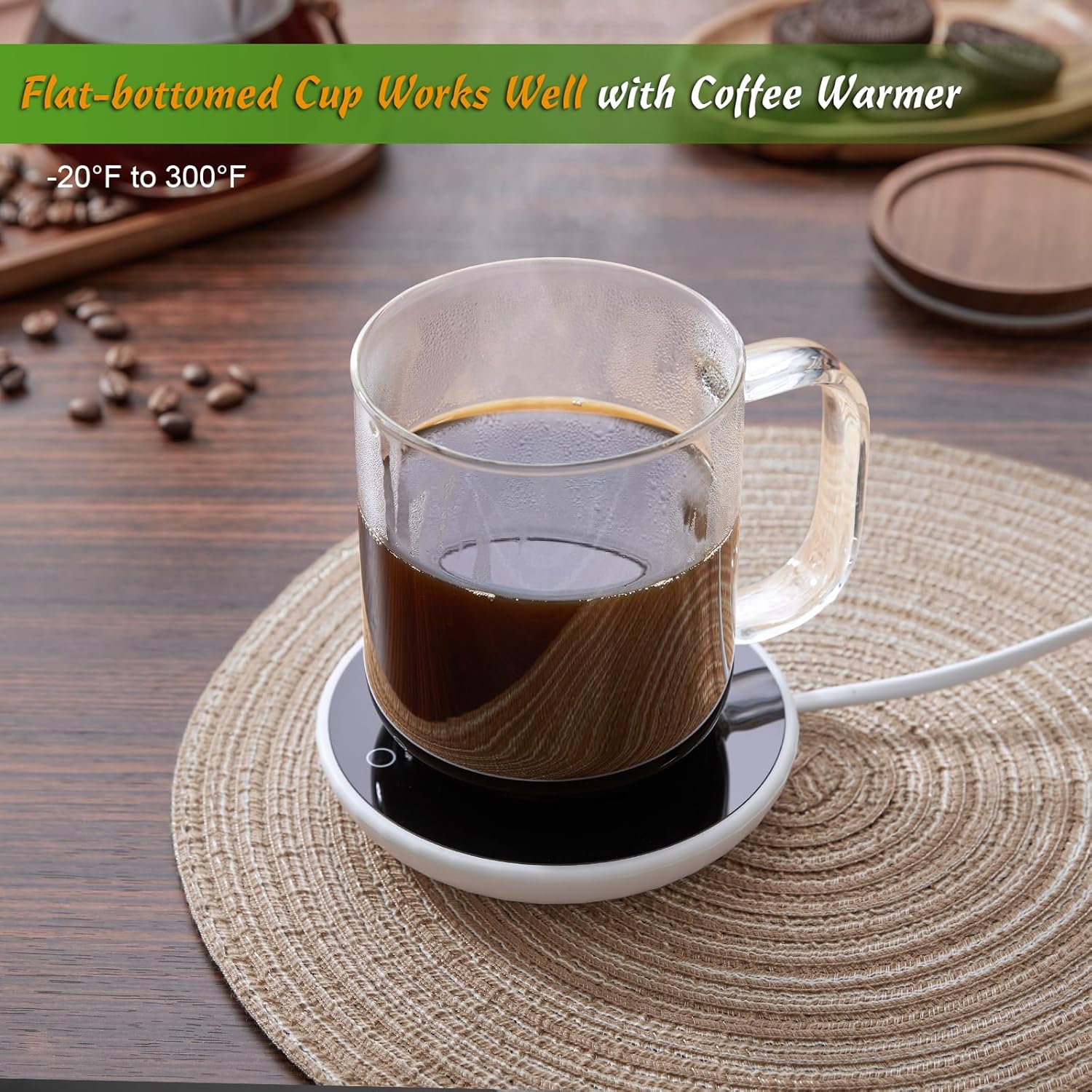 DRASTAR Glass Coffee Cups, 16 oz Coffee Mugs, Flat Bottomed Cups with Acacia Wood Lid, Glass Tea Cup with Handle, Clear Tea Cup Set of 2 - Image 3