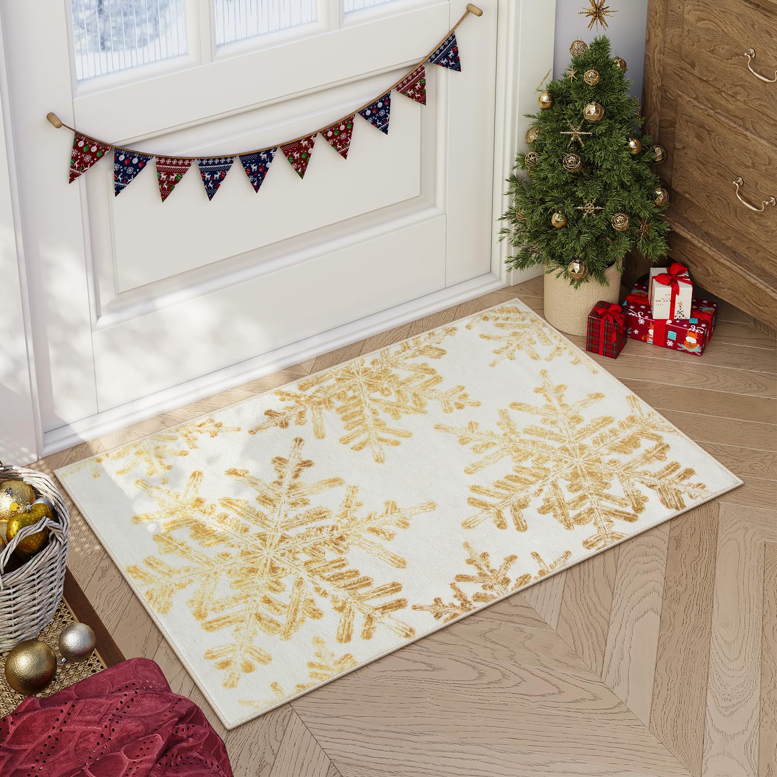 Lahome Snowflake Christmas Rugs for Entryway, 2x3 Christmas Kitchen Rugs Non Slip Merry Christmas Door Mat Indoor, Washable Small Rug Holiday Decor Ca