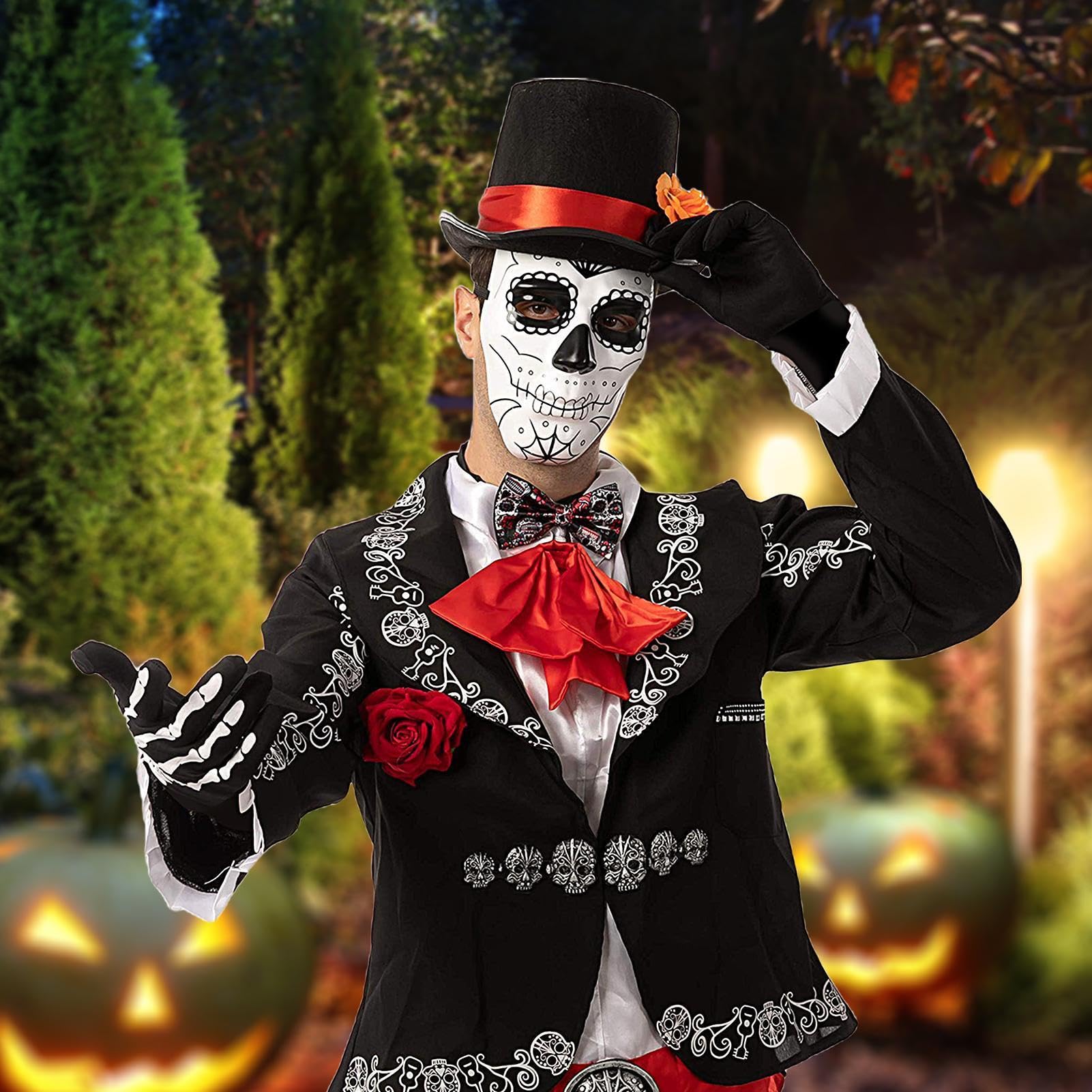 Day of the Dead Custome Scary Adjustable Cosplay Outfit with Floral Hat