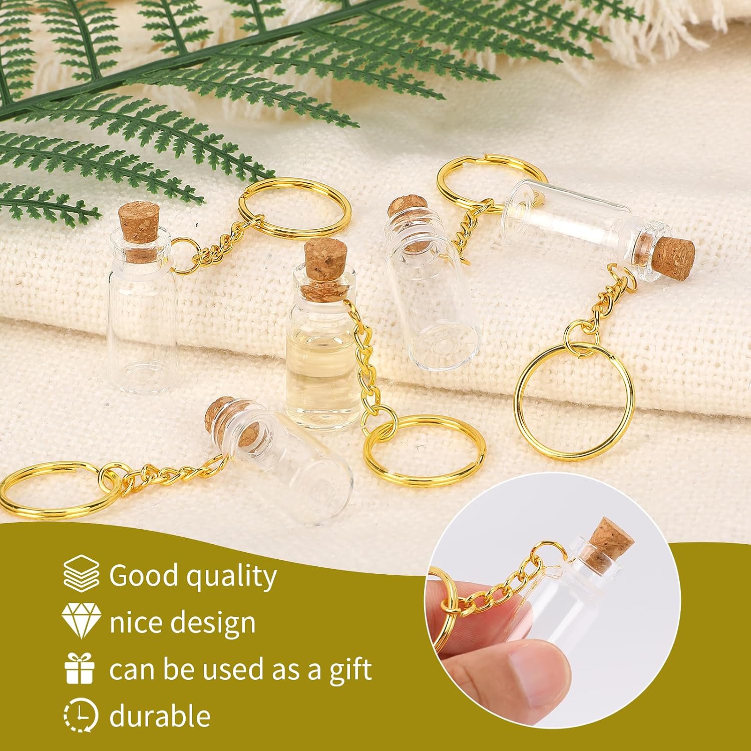 Mozeat Lens Mini Glass Bottles With Cork Lids and Key Rings, 5 Pack