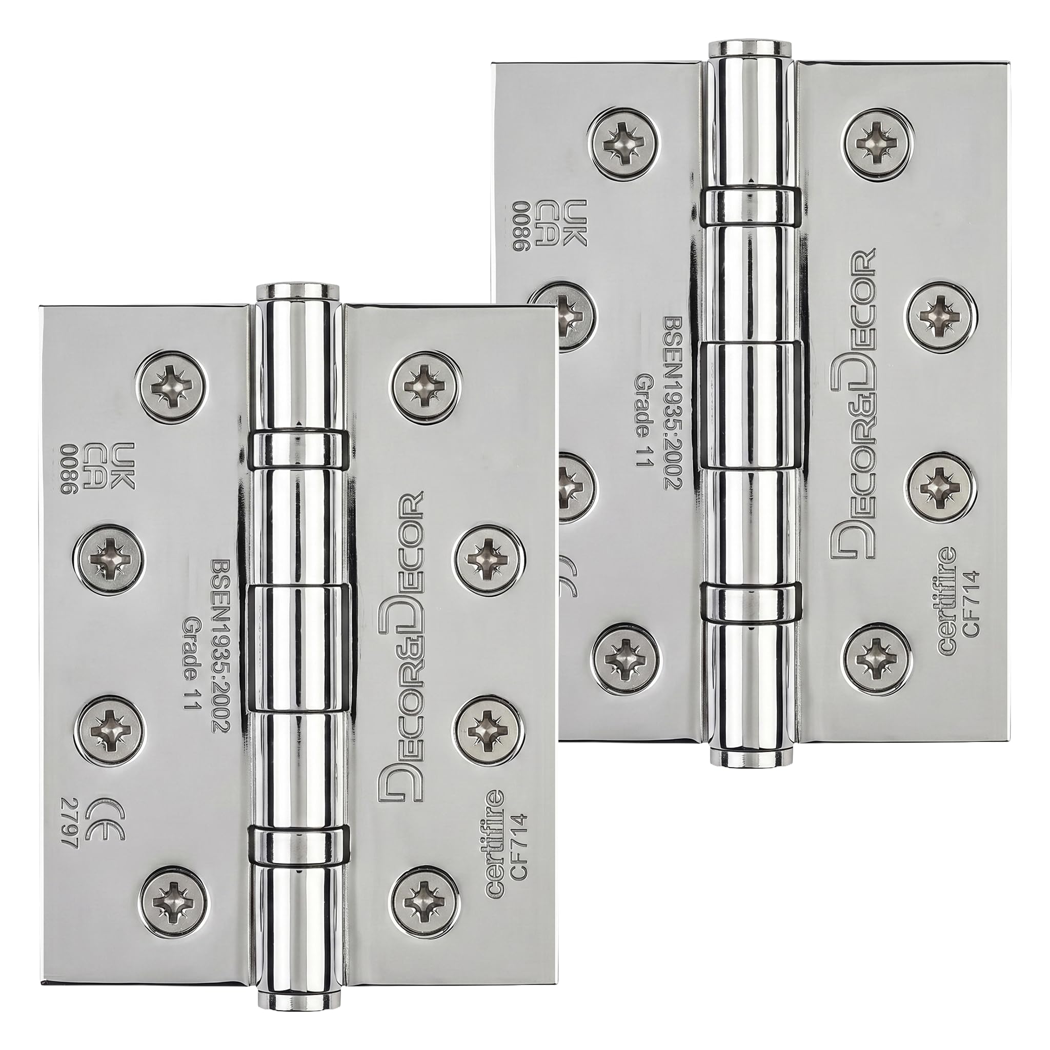 Decoranddecor Door Hinges Internal - Fire Rated - 4inc / 102mm - Ball Bearing - Steel - Polished Chrome - 1 Pair