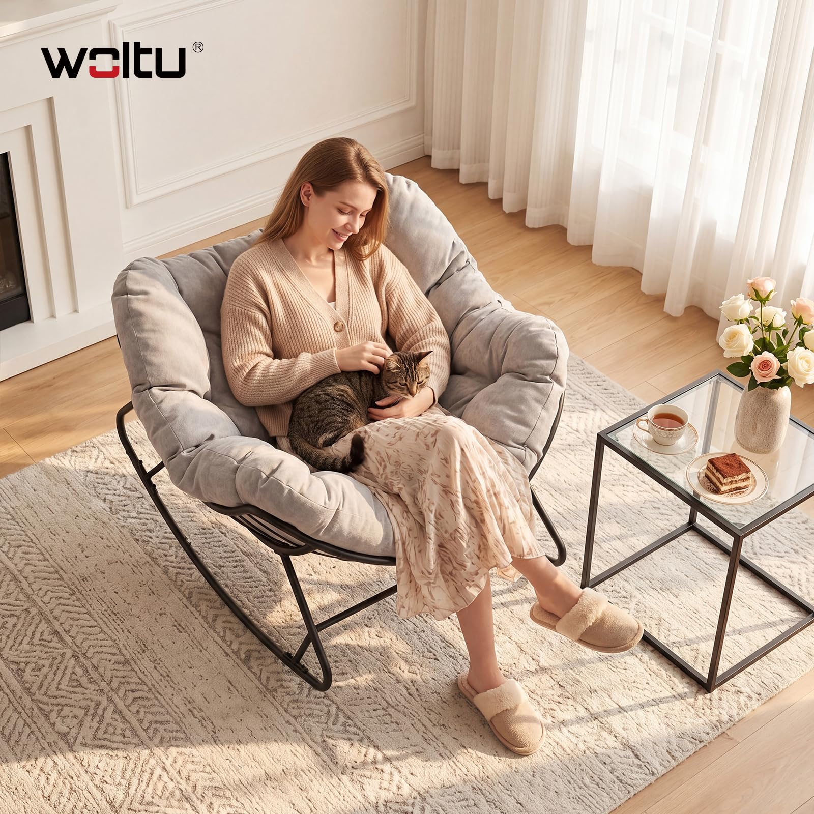 WOLTU Sedia a Dondolo a Forma di Uovo, Poltrona Relax con Gambe Curve, Struttura in Metallo e Cuscino in Ciniglia, Portata 150 kg, per Salotto e Balcone, Grigio Chiaro