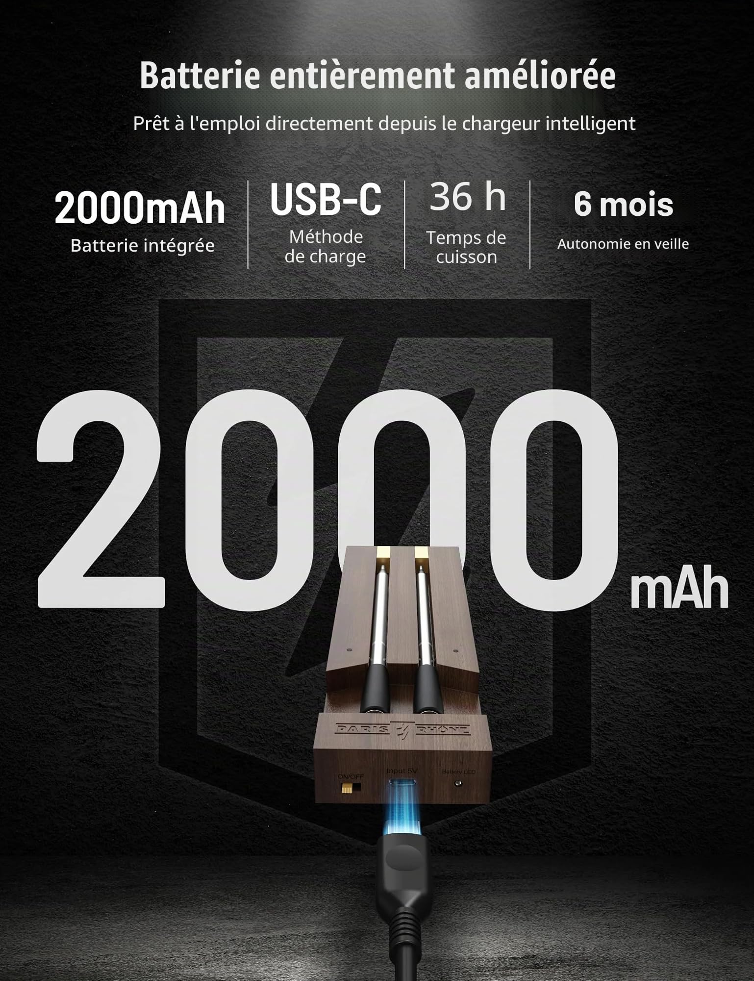 Paris-Rhône - Thermomètre de cuisson connecté - Autonomie 36h, Boîtier de charge en bambou, magnétique, sonde de température intelligente, barbecue, rotissoire, air fryer, portée 100m (2 sondes)