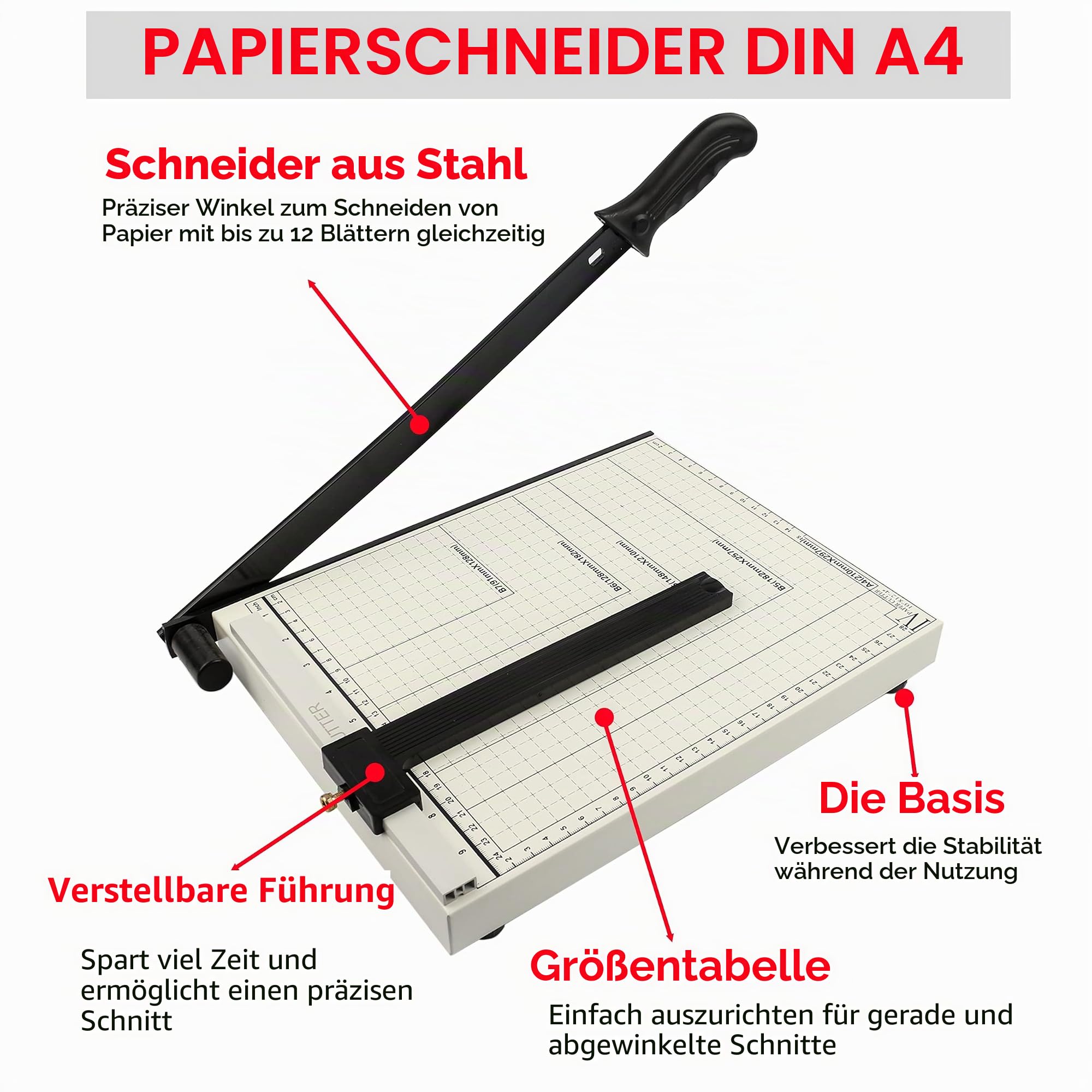 A4 Papierschneider mit Metallbasis, Guillotine Schneidemaschine für 12 Blatt, Professionell für Büro, Fotografie und Schreibwaren