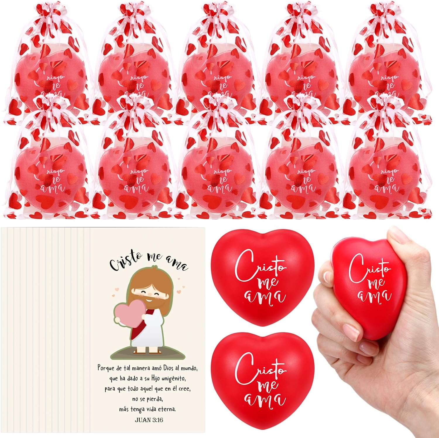 Meooeck 20 Sets Jesus Easter for Kids Christian Easter Gifts Bulk 2.7'' Spanish Heart Jesus Love You Stress Balls Red Cristo Me AMA Stress Ball Religious Card for Sunday School Church Prayer