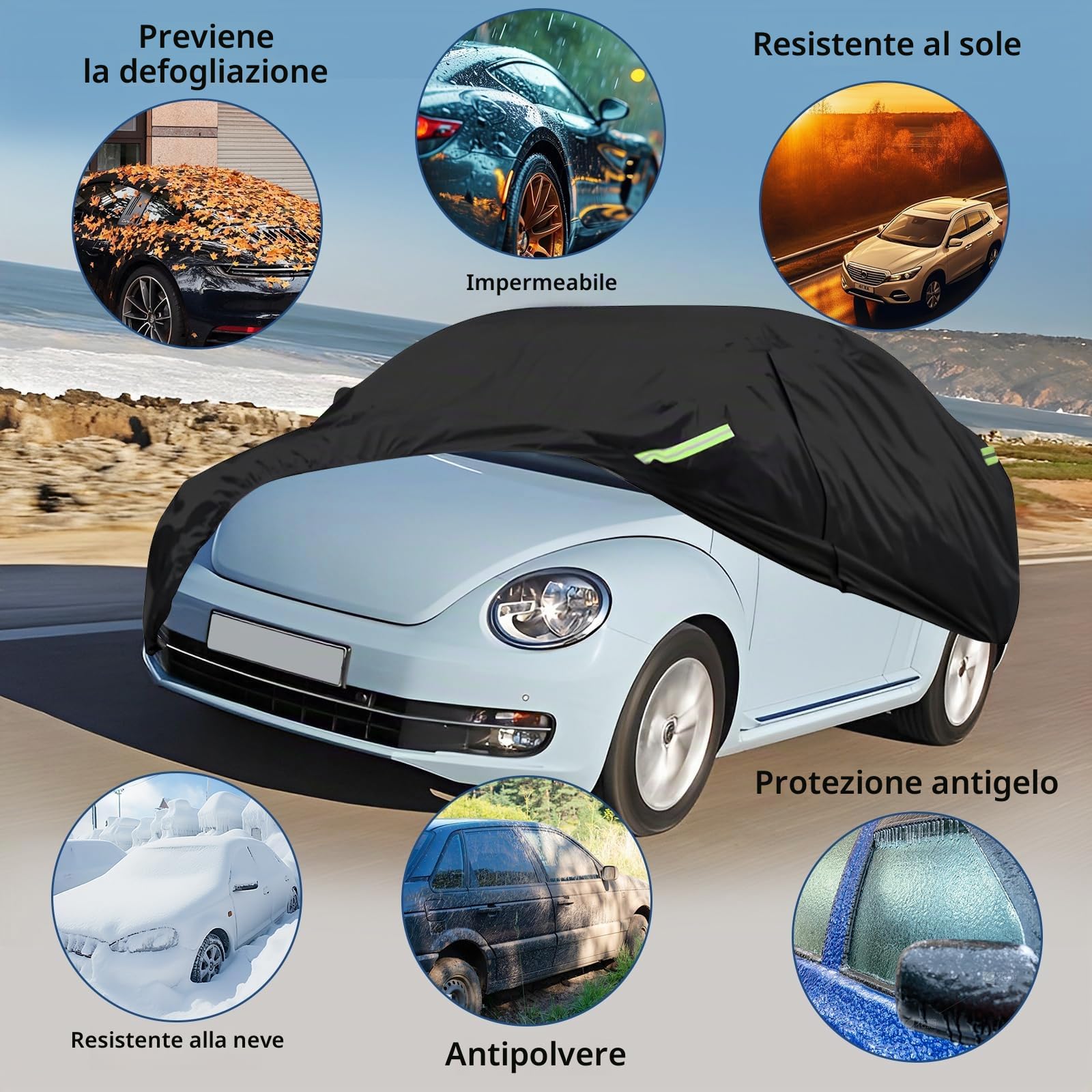 Telo Copriauto da Esterno compatibile con Beetle 1960-2023 | Copertura a 5 Starti per Impermeabile Anti UV Anti Vento Antipolvere con Cerniera e Cinturino Antivento