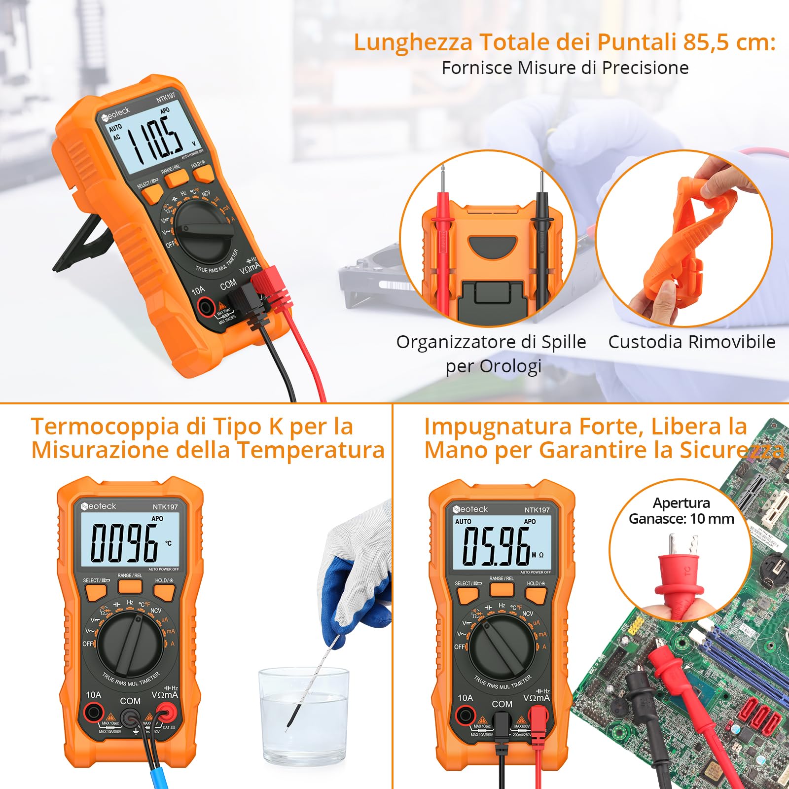 Neoteck Multimetro Digitale 2000 Conteggi AC DC Corrente Tensione Resistenza Capacitanza NCV Frequenza Temperatura Digital Multimeter Con Display LCD Tester Multimetro con Clip a Coccodrillo