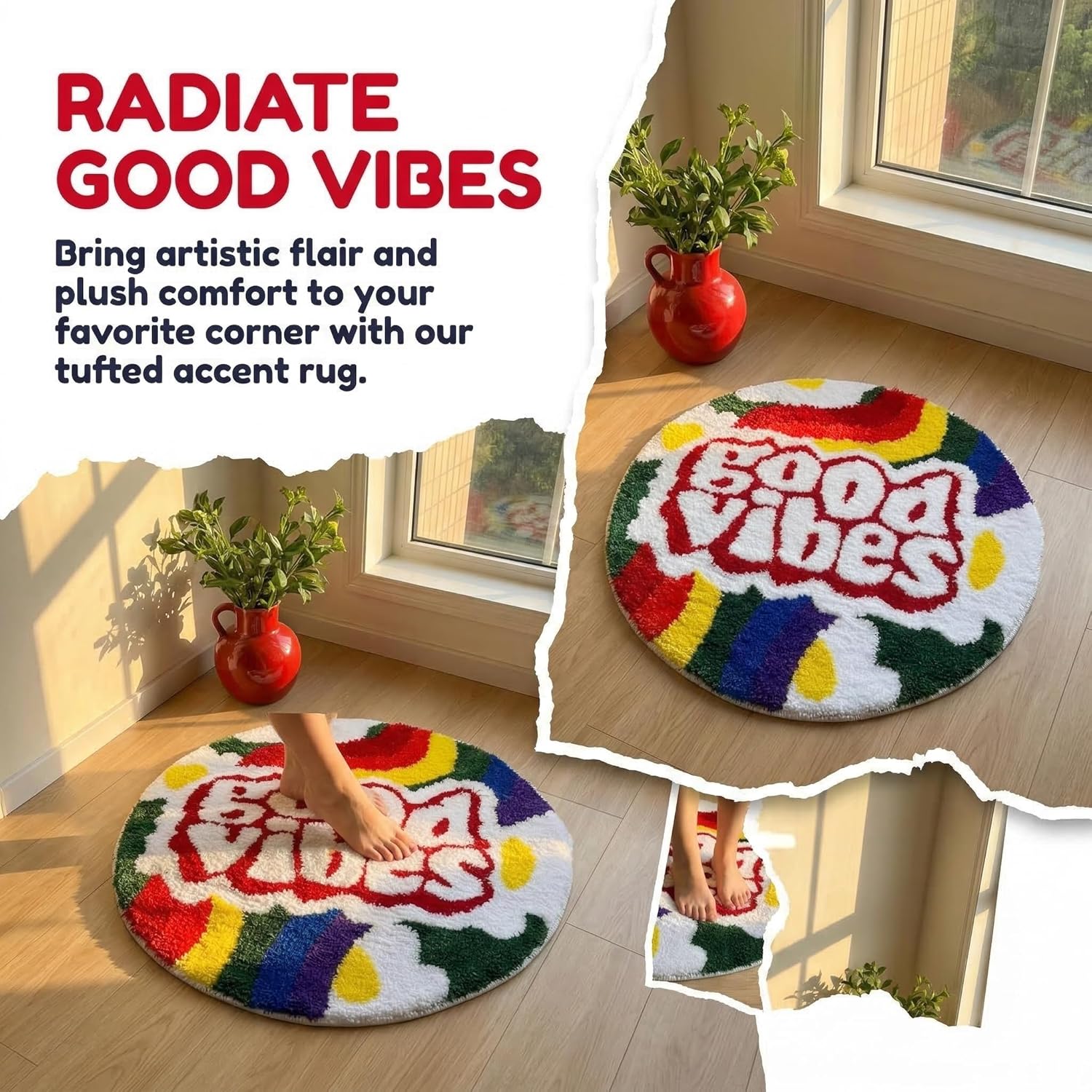 Colorful Round Tufted Area Rug, Irregular Decorative Accent Rug with Retro Letter Design, Soft Handmade Tufted Floor Mat for Living Room Bedroom Dorm Decor