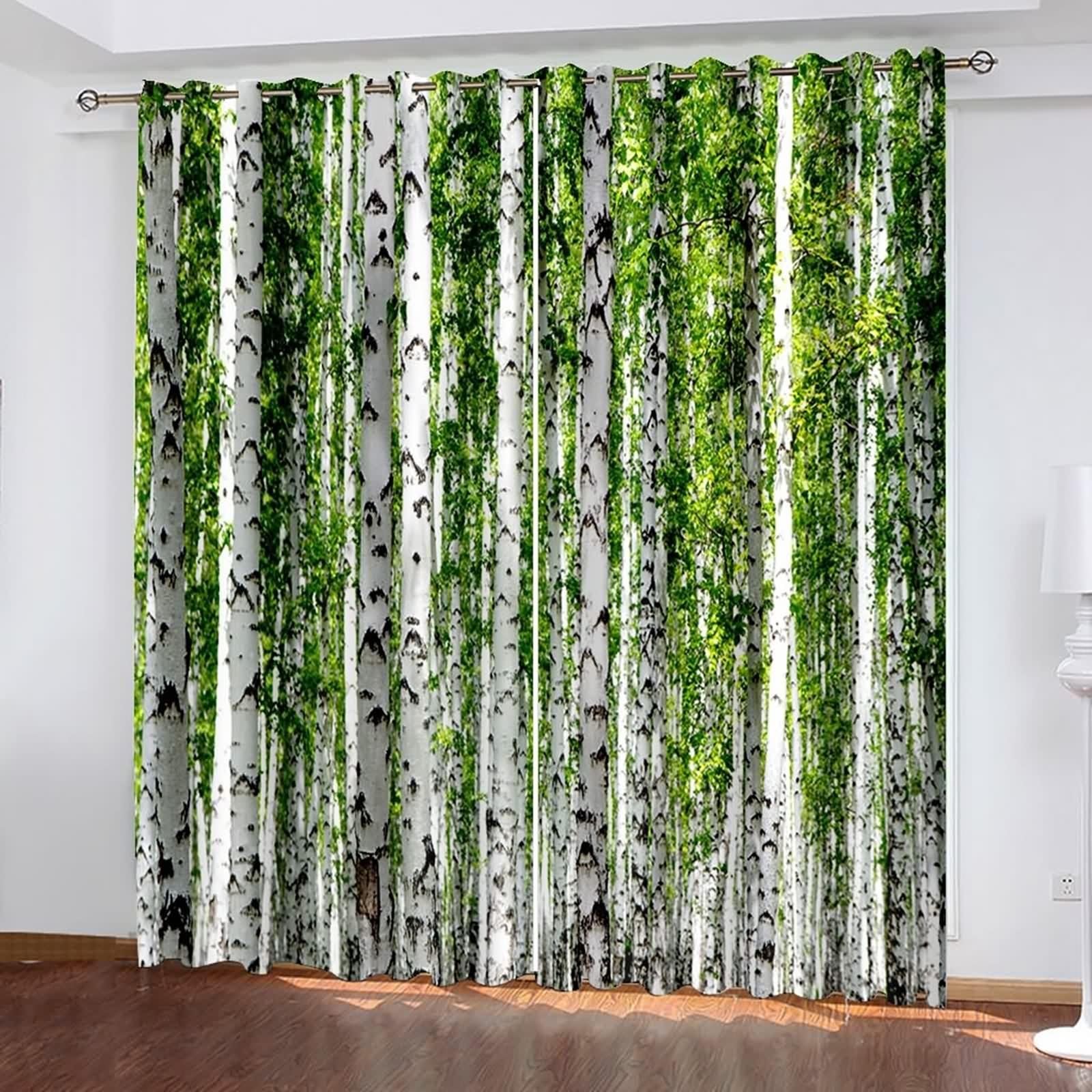 Rideau Fenetre Chambre, Rideaux Polyester Blanc Vert Paysages D'Arbres 214L x 214H CM Lot de 2