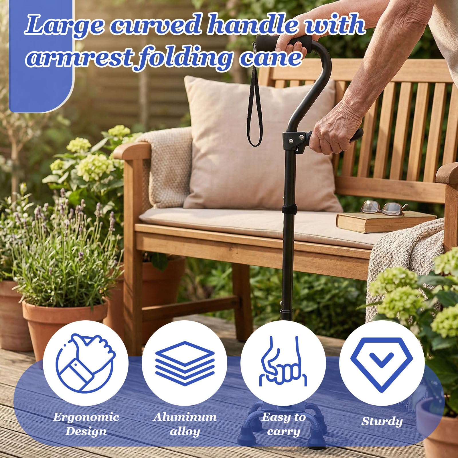 Bastón con 4 patas plegable ajustable negro aluminio | Andador de doble asa para personas mayores, soporta hasta 150 kg, base ergonómica y antideslizante, altura ajustable 76-94 cm
