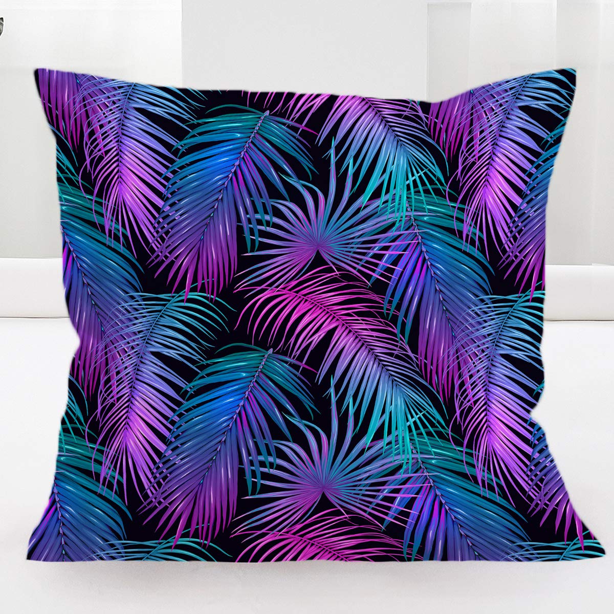 BlessLiving Palm Leaf Cushion Cover Neonl Tropical Leaves on Black Throw Pillow Cases Girly Modern Pillow Cover Pink Teal Purple and Blue, (28x28 inch)
