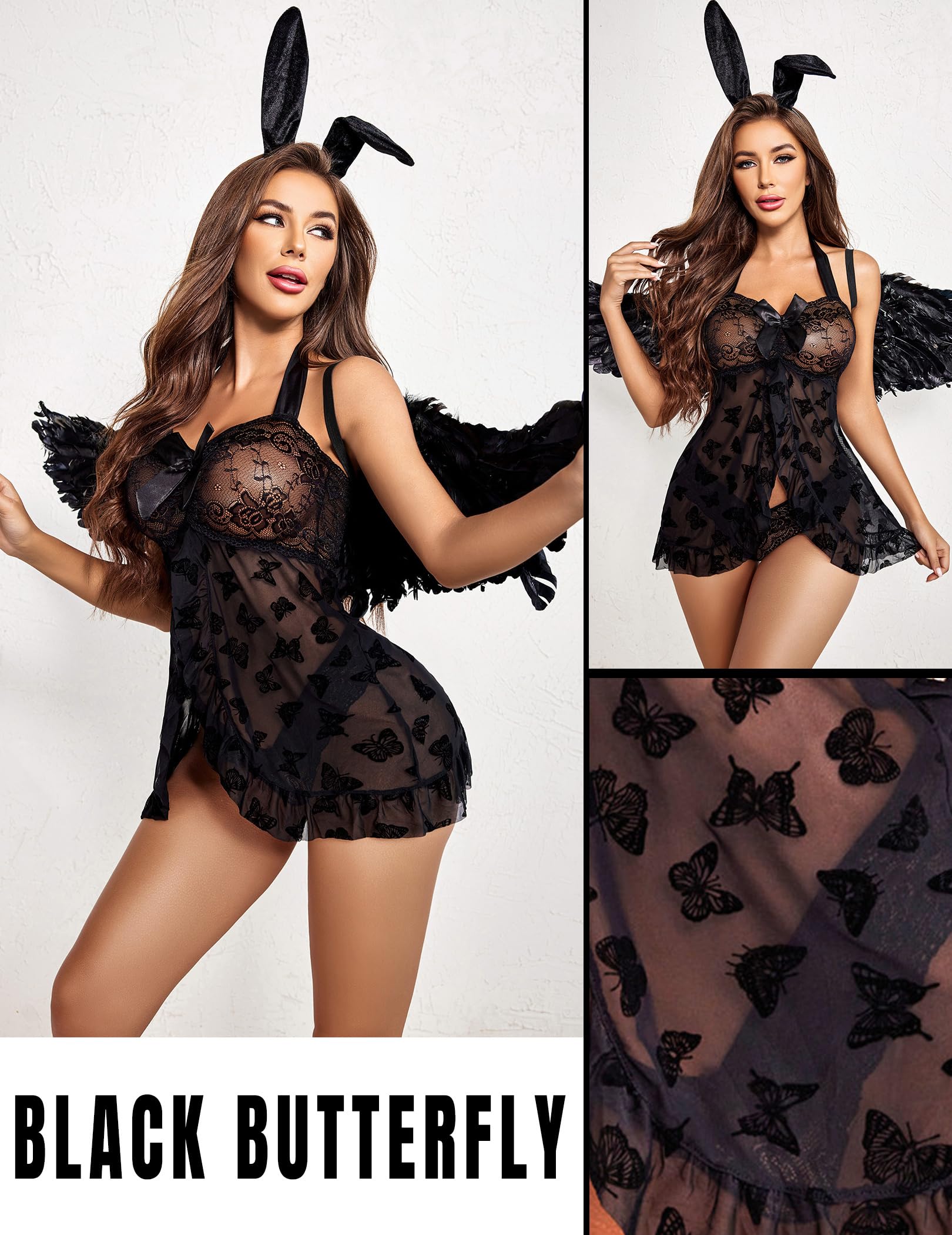 WBDWWTD Damska bielizna seksowna koronkowa sukienka babydoll z otwartym przodem i stringami halter siateczkowa koszula nocna XS-5XL