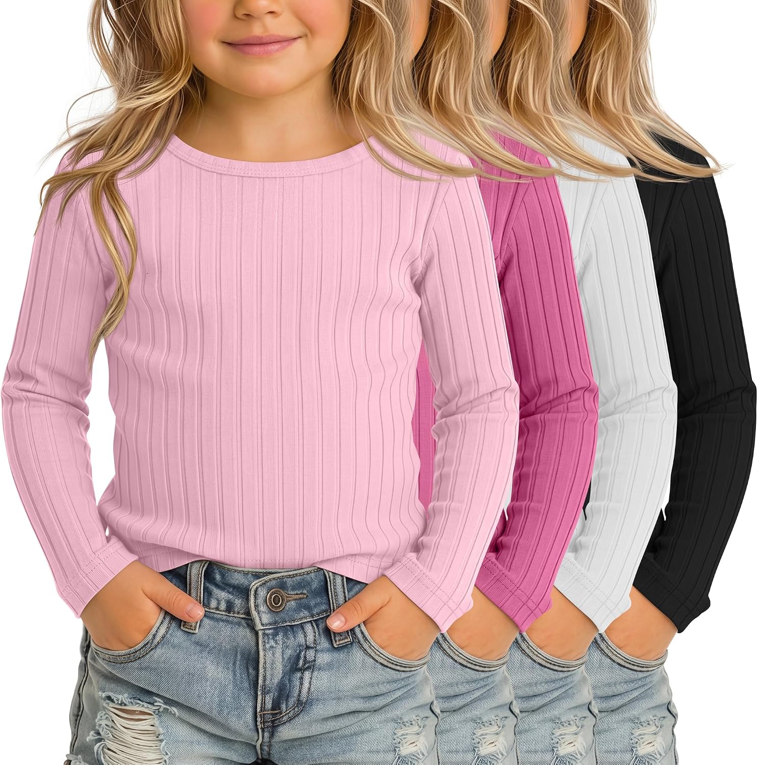 4 Pack Toddler Girls Long Sleeve Shirts Ribbed Boat Neck Casual Tops Regular Fit Solid Basic Soft Kids Tees
