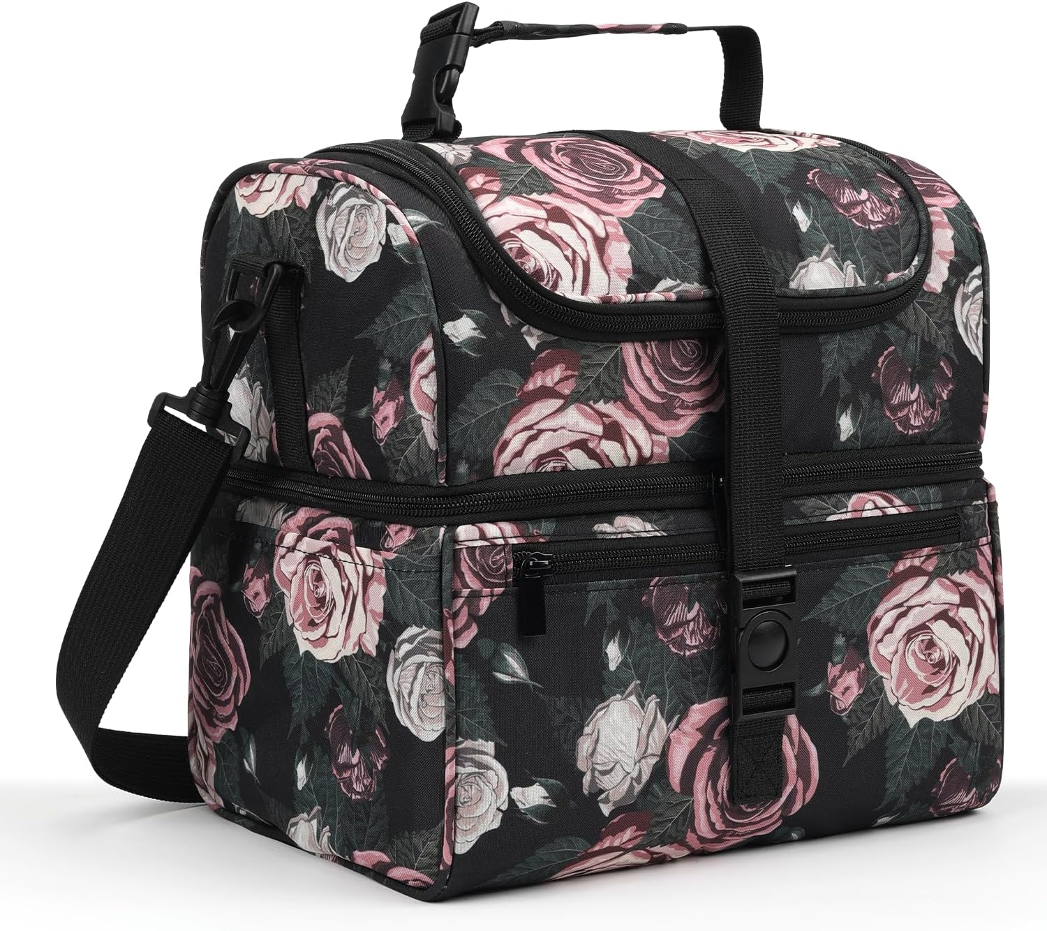 PBRO Double Deck Insulated Lunch Bag for Women,Large Reusable Lunch Box with Adjustable Shoulder Belt,Side Pockets,Cute Purple Floral Leakproof Lunch Tote Cooler Bag for Adult Picnic,Working -Purple Pink Purple Flowers Large