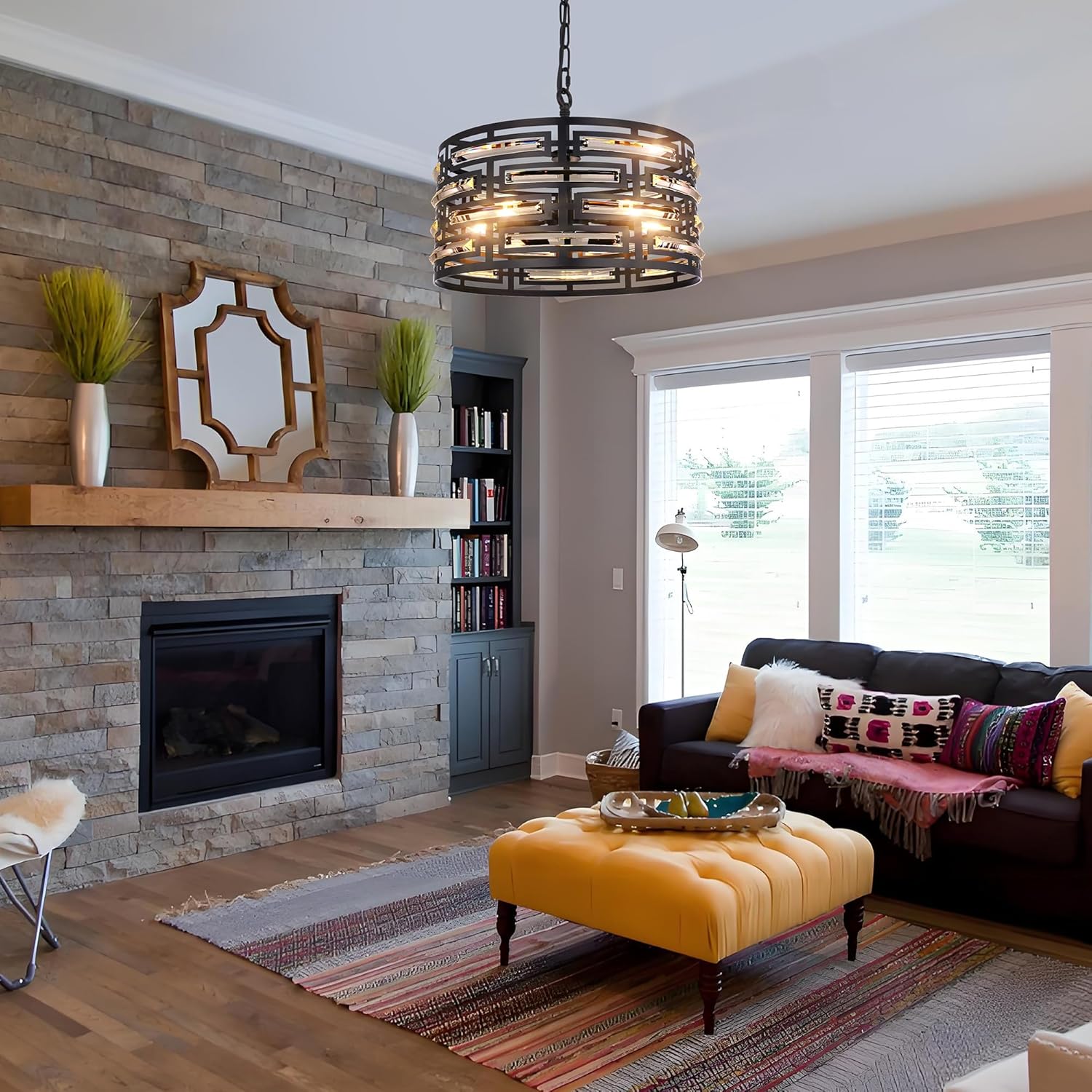 Wellemt 5-Light Drum Chandelier, Black Crystal Modern Chandeliers, Farmhouse Ceiling Lighting Fixture for Entryway, Dining Room, Living Room, Bedroom, Bathroom, Kitchen, Hallway, Foyer, W-20in