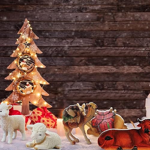 Miniatura 5 de Menkxi Juego de 7 piezas de animales de natividad de Navidad, escena de pesebre de animales de madera, camel, oveja, burro, vaca, belén, estatuilla