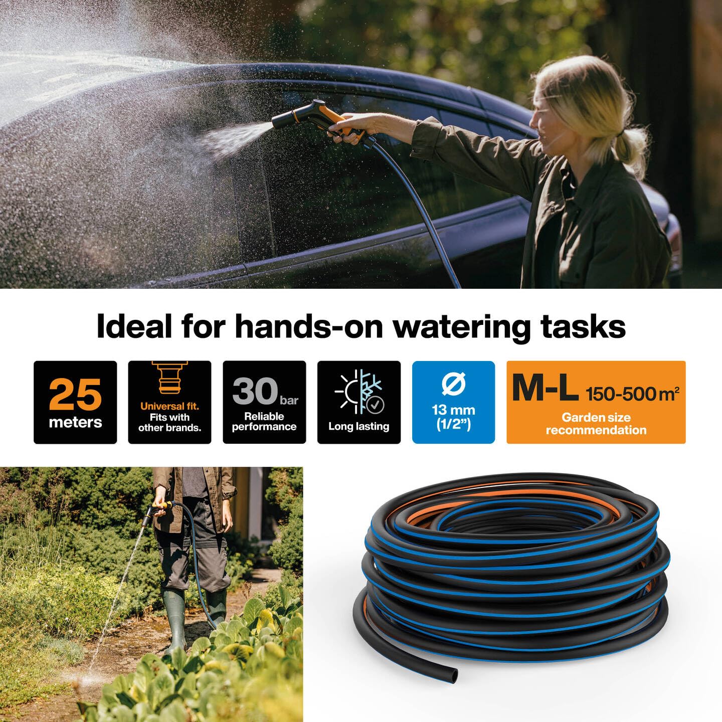 Fiskars Wąż ogrodowy M-L, Solid, wąż do ręcznego podlewania, 13 mm 1/2, długość: 25 m, uniwersalne złącze, ochrona przed promieniowaniem UV, ochrona przed mrozem, odporny na skręcanie, niebieski