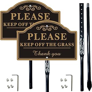 2-Pack Keep Off The Grass Signs, with 36"Tall Metal Stakes, 8x12 Inches Aluminum Yard Signs, Black and Gold ﻿