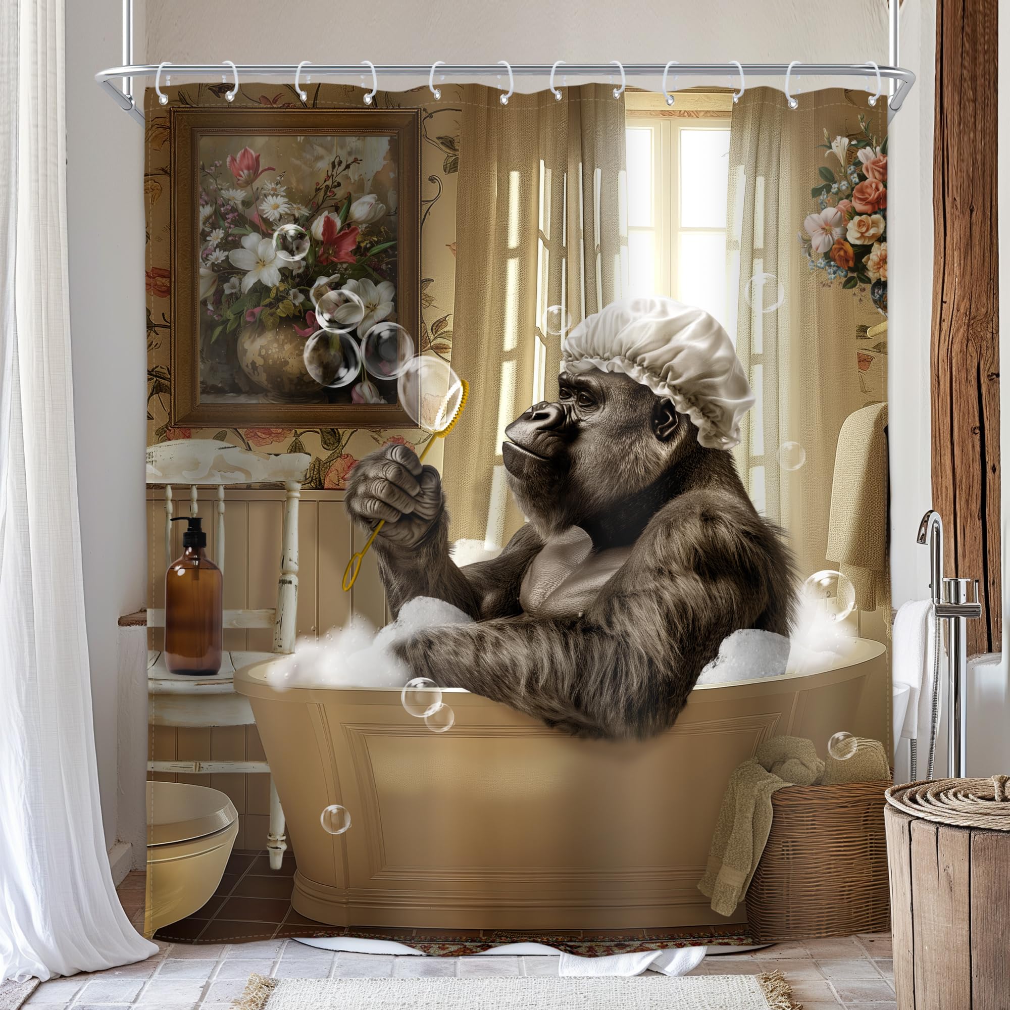 Homewelle Funny Monkey Shower Curtain Cool Chimpanzee in Bathtub Wildlife Animal Rustic Kids Boys Mens Farmhouse 60Wx72H Inch Modern Cute Bubbles