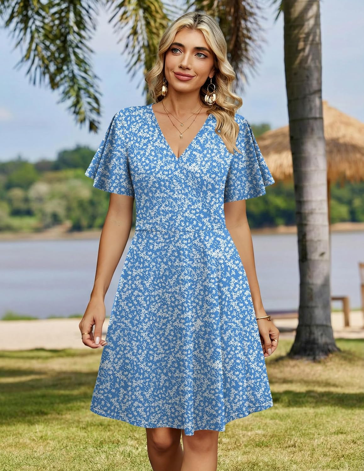 Zeagoo Womens Summer Sundress Ruffle Short Sleeve Casual Dresses V Neck Floral Wrap A-Line Party Dress with Pockets - Image 3