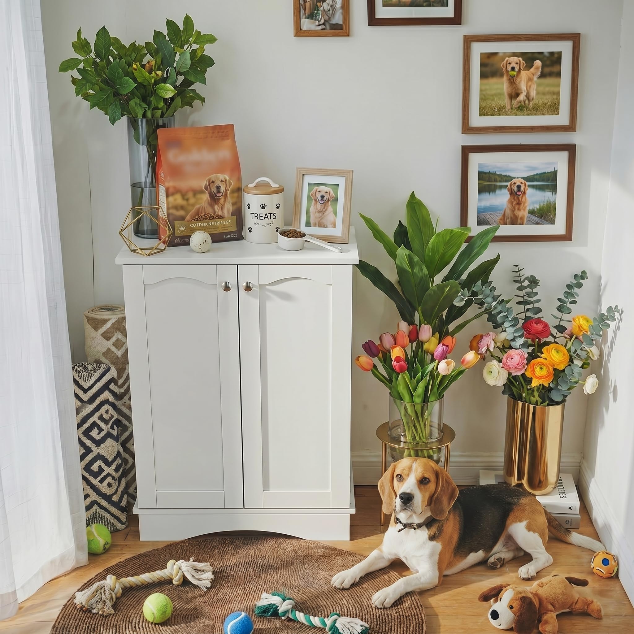 Armario para Comida de Perro con 2 Cuencos de Acero Inoxidable, Estación de Alimentación para Mascotas con Estantes Ajustables y Almacenamiento Lateral, Blanco, 59,7 x 31 x 80,5 cm