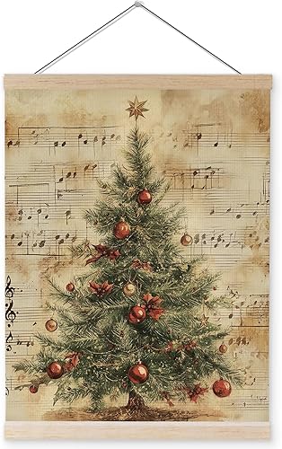 YQDEJ Marco para colgar pósteres, arte de pared con árbol de Navidad vintage, decoración rústica de Navidad, bola de árbol de Navidad, partituras