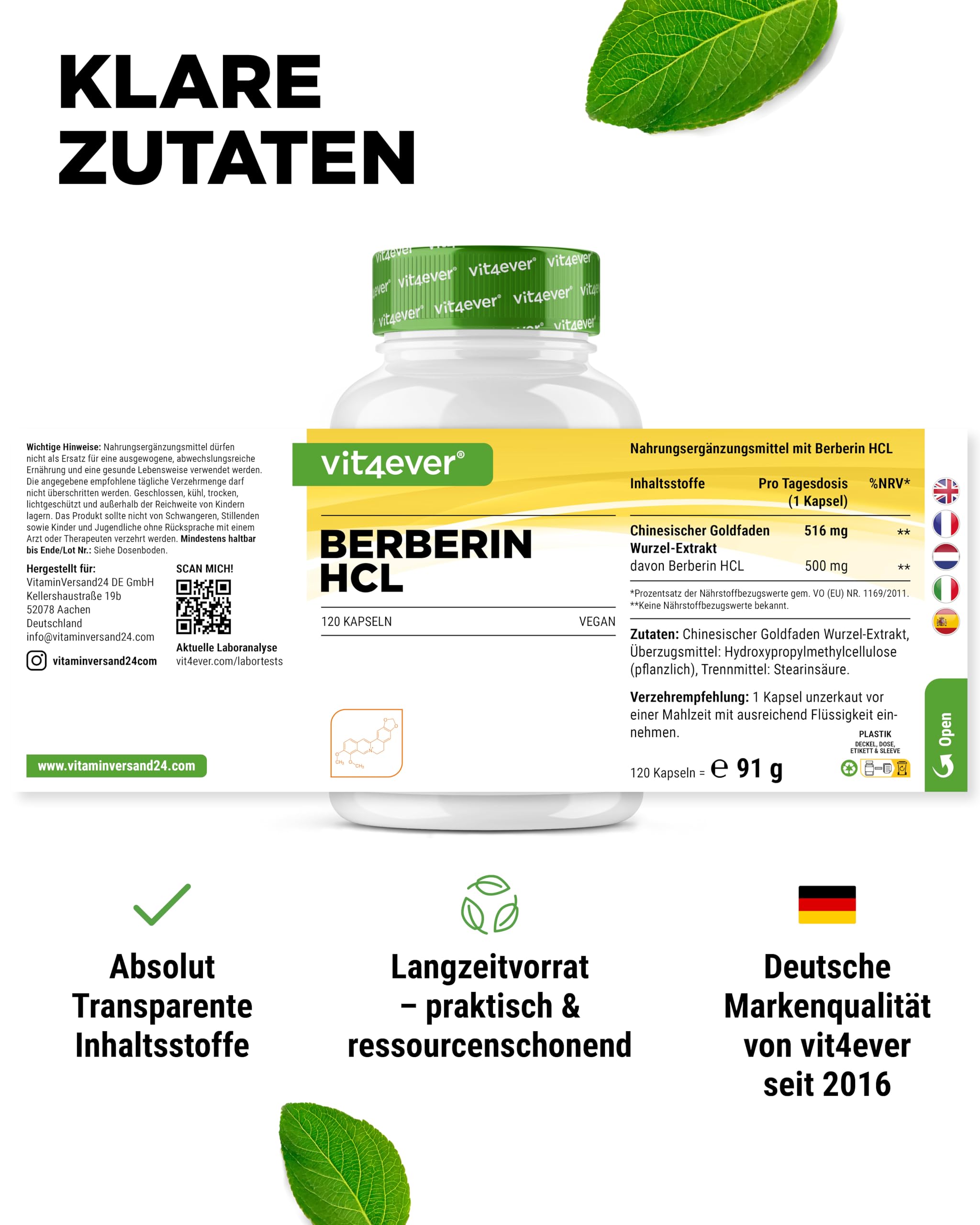 vit4ever Berberin HCL Extrakt - 120 Kapseln - 500 mg - hochdosiert | Aus Goldfadenwurzel, 4-Monatsvorrat, pflanzlich vegan, ohne Zusätze