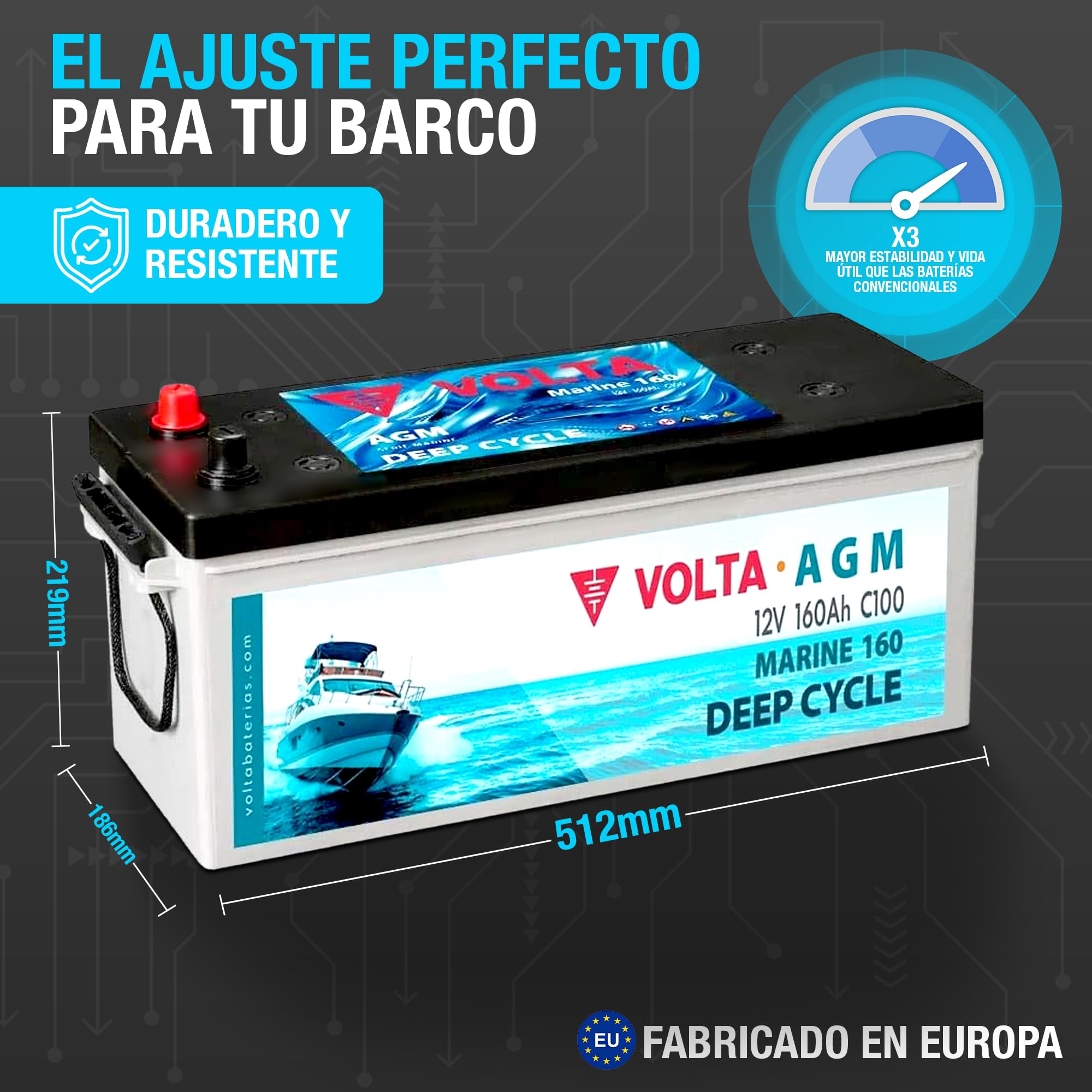 Bateria de Barco Volta Marine 160, AGM 12V 160Ah, Especial para embarcaiones, Batería Barco 12v (AGM Deep Cycle) Gran Vida Útil, 512x186x243 mm, Fabricación Europea, Bateria Solar de Ciclo Profundo