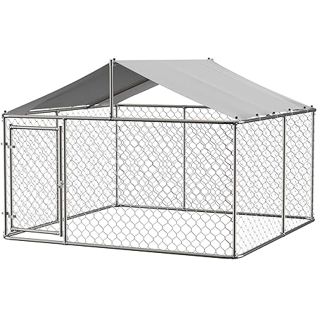 Grepatio 8x4x6 FT Outdoor Dog Kennel With Waterproof Roof – Heavy Duty Steel Playpen For Large Dogs, Includes 2 Bowls