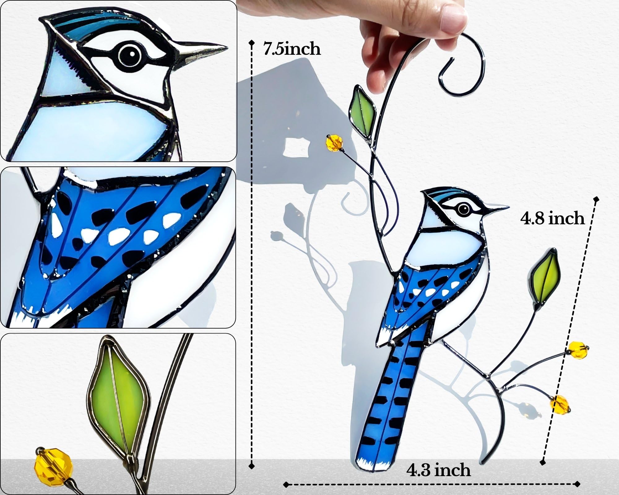 Blue Jay - Atrapasueños de cristal para mamá, abuela, mujeres, adorno colgante de ventana de cristal real, hecho a mano, decoración del hogar para amantes de los pájaros (embalaje listo para