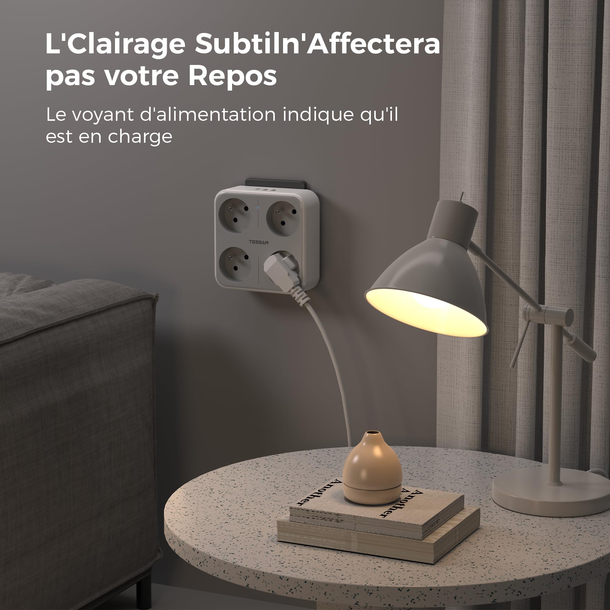 TESSAN Multiprise Murale Française avec 4 Sortie AC et 3 Ports USB, 7 en 1 Prise Électrique 4000W avec Interrupteur, Secteur USB C Gris Convient pour Domicile, Bureau, Compatible pour Phone, Pad
