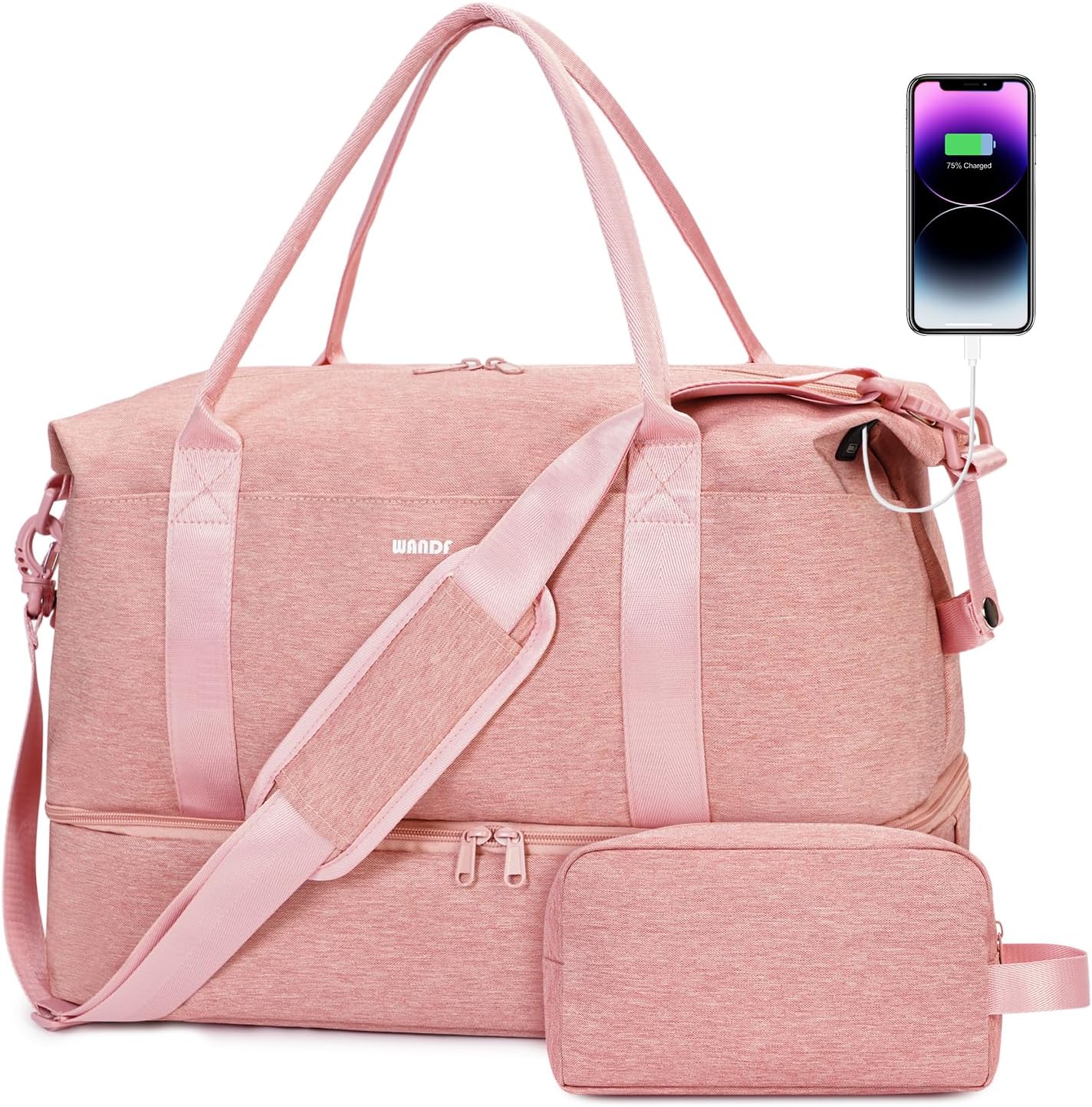 WANDF Cabin Bag 45x36x20 for Easyjet Airlines Underseat Travel Bag with with USB Charging Port, Wet Pocket & Shoes Compartment Carry on Hand Luggage Weekend Bag for Women and Men (Pink 32L)