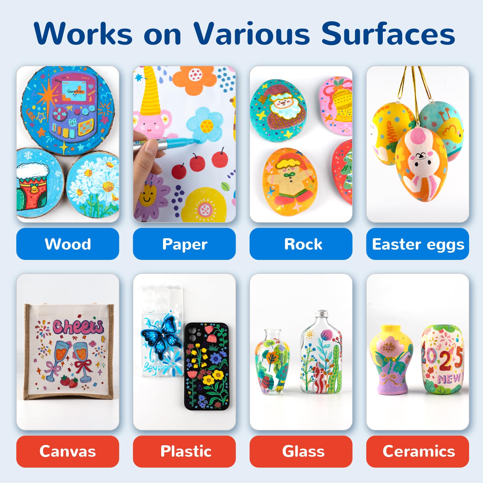 HOTU Pennarelli acrilici 8 colori per vetro, carta, tessuto, legno e libri da colorare - Pennarelli a grande capacità (6,6 g ciascuno) - Kit di forniture per arte e fai da te - Ottima idea regalo